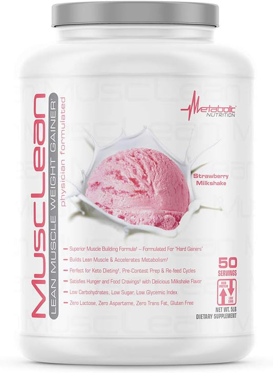 Metabolic Nutrition Musclean Whey Protein Shake, Meal Replacement with Digestive Enzymes, Low Carb Keto Diet Support, Strawberry Flavor, 5lb (50 Servings)