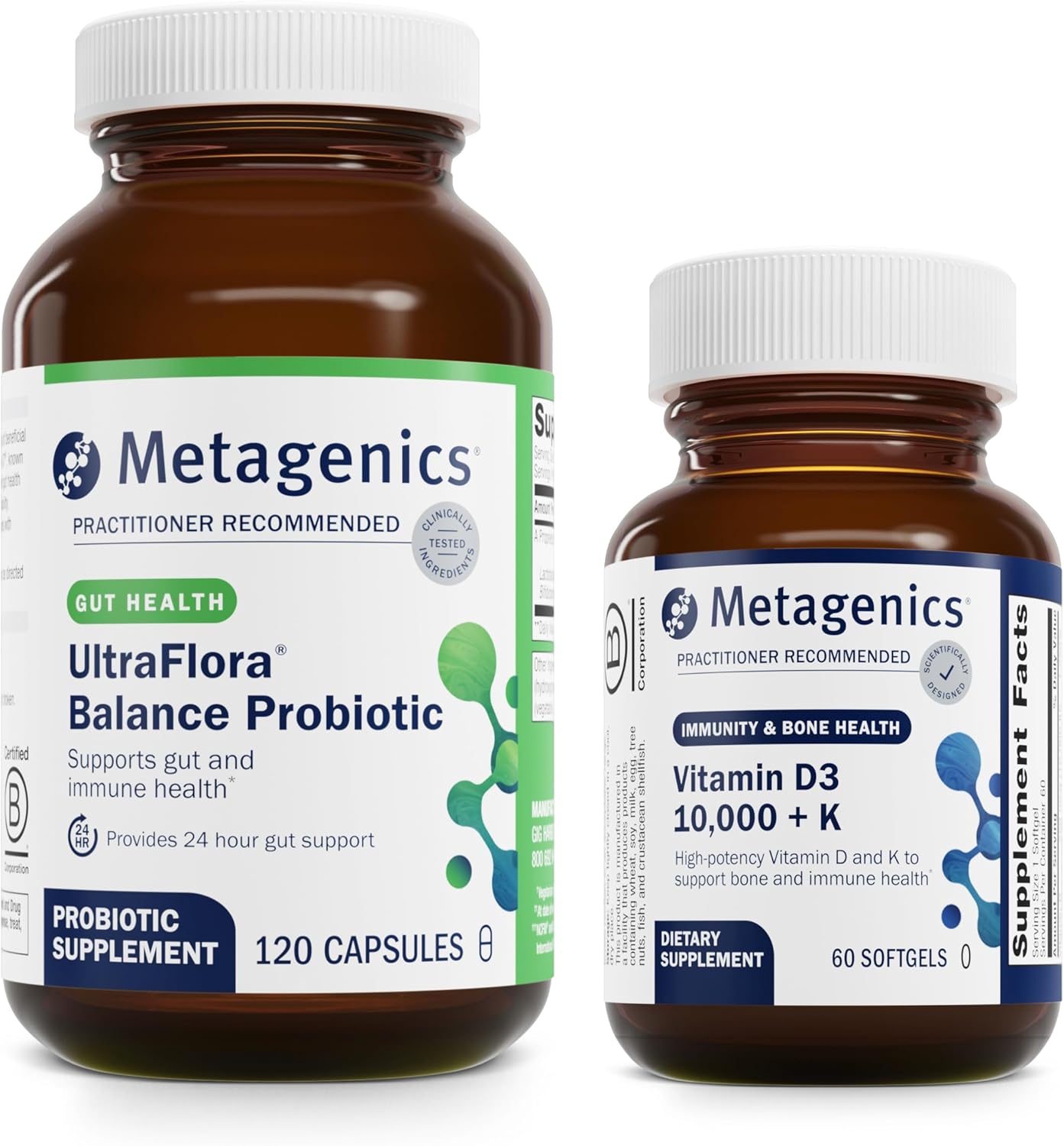 Metagenics Bundle: UltraFlora Balance Capsules & D3 10,000 + K Softgels for Digestive & Immune Health - 120 Capsules + 60 Softgels