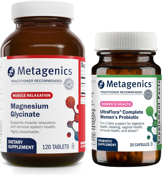 Metagenics Magnesium Glycinate & UltraFlora Complete Women's Probiotic Bundle - Nervous System and Digestive Support with Absorbable Magnesium