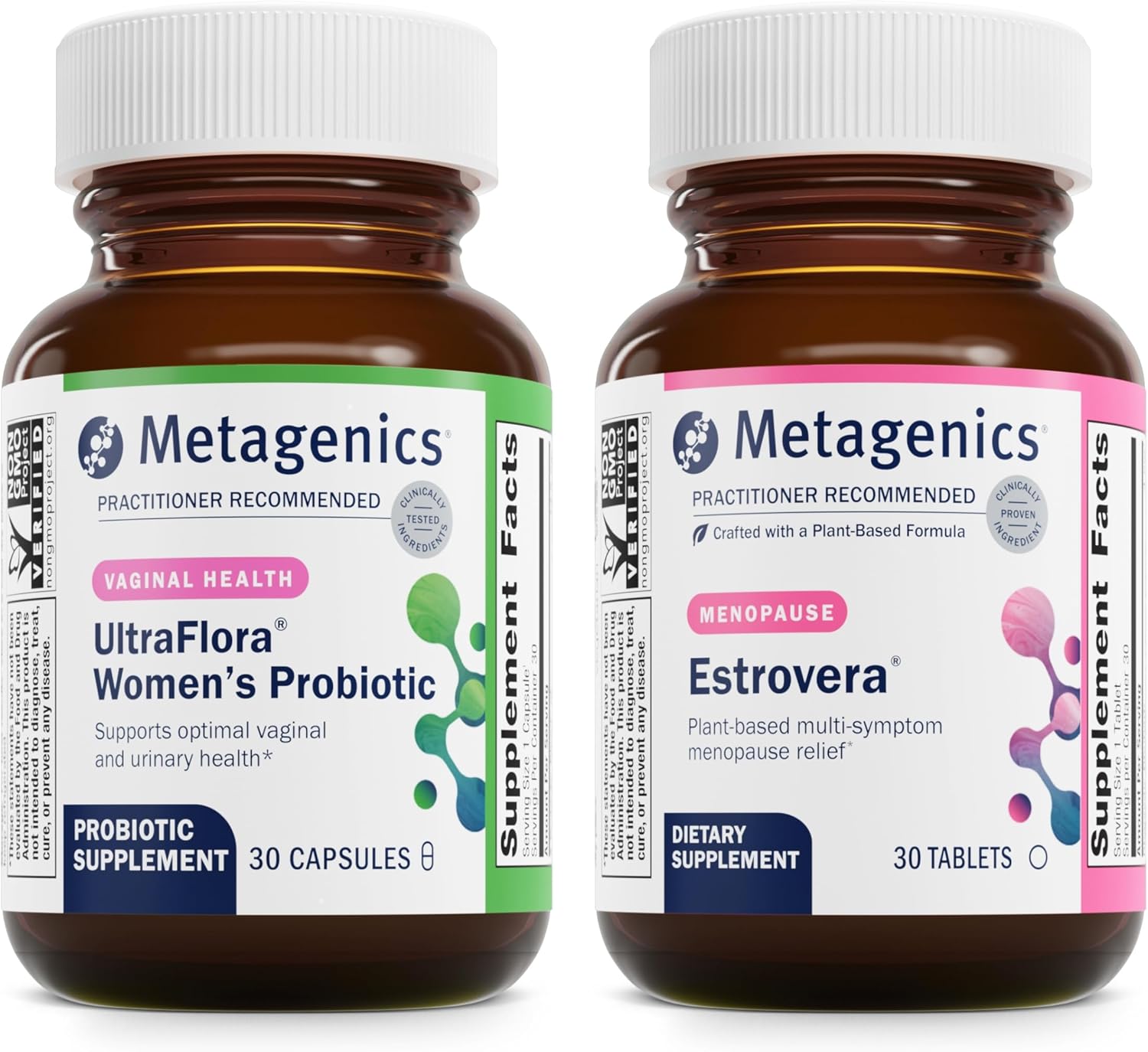Metagenics UltraFlora Women's & Estrovera Bundle - 30 Count Vaginal Health Probiotics & Menopause Relief Tablets