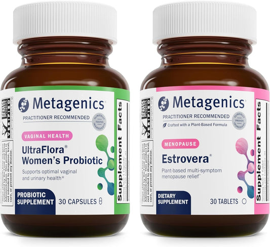 Metagenics UltraFlora Women's & Estrovera Bundle - 30 Count Vaginal Health Probiotics & Menopause Relief Tablets