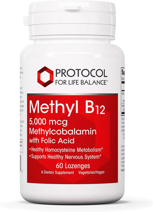 Methyl B12 5,000mcg Lozenges for Homocysteine Metabolism - Brain & Nervous System Support - Kosher, Halal, Vegan - 60 Count