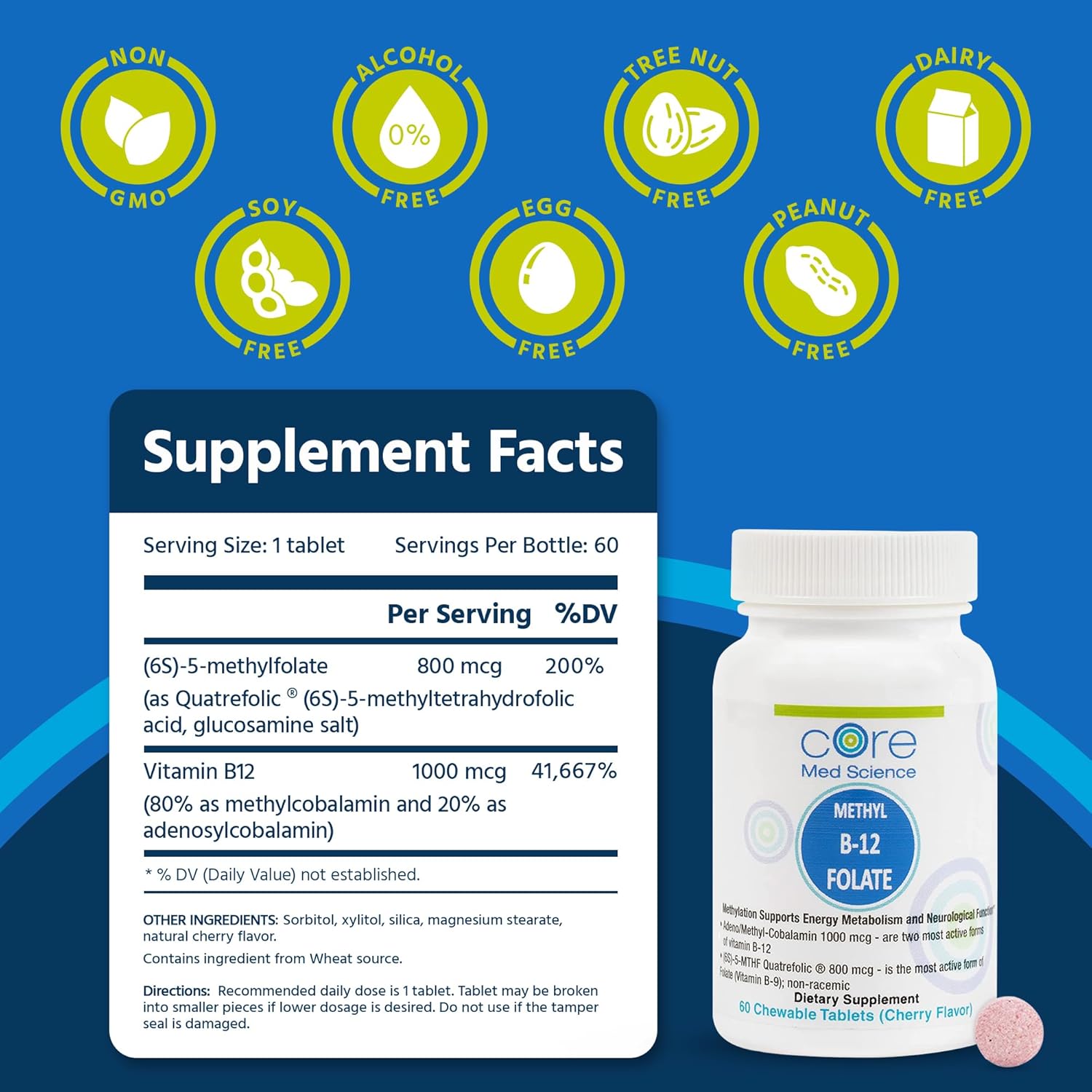 Methyl B12 Folate Supplement for Mood, Cognitive, & Heart Health - 5-MTHF Pills for Men & Women - Methylfolate Vitamin B9 - 60 Count