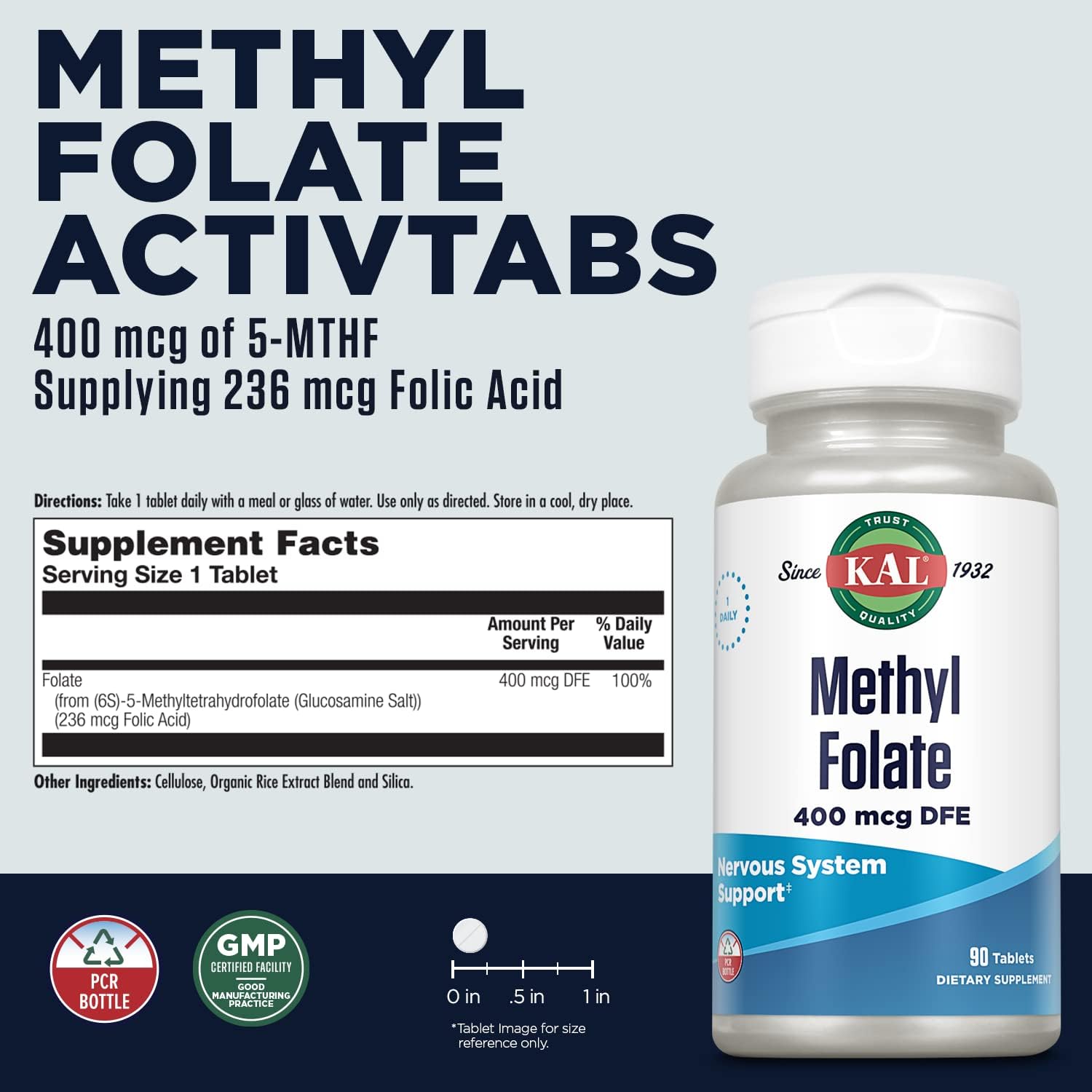 Methyl Folate 400 mcg DFE Supplement for Heart Health, Prenatal Support - 90 Tablets, 5-MTHF Active Form Vitamin B9, Fast Dissolving, 60-Day Guarantee