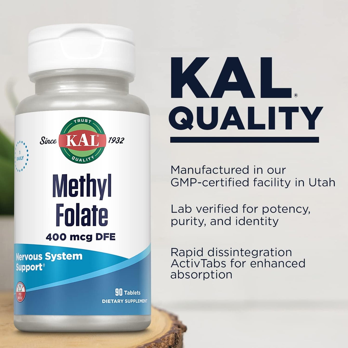 Methyl Folate 400 mcg DFE Supplement for Heart Health, Prenatal Support - 90 Tablets, 5-MTHF Active Form Vitamin B9, Fast Dissolving, 60-Day Guarantee