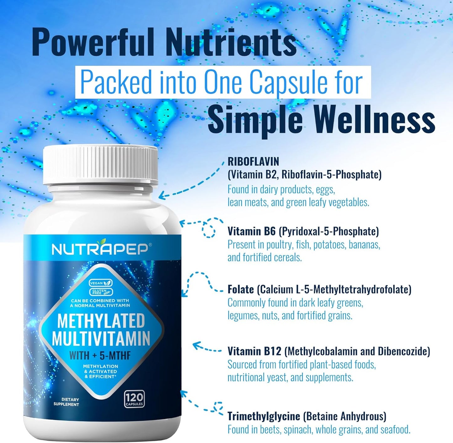 Methylated Multivitamin with B Vitamins for Men and Women - B Complex Capsules with Methyl Folate, Riboflavin, and Trimethylglycine