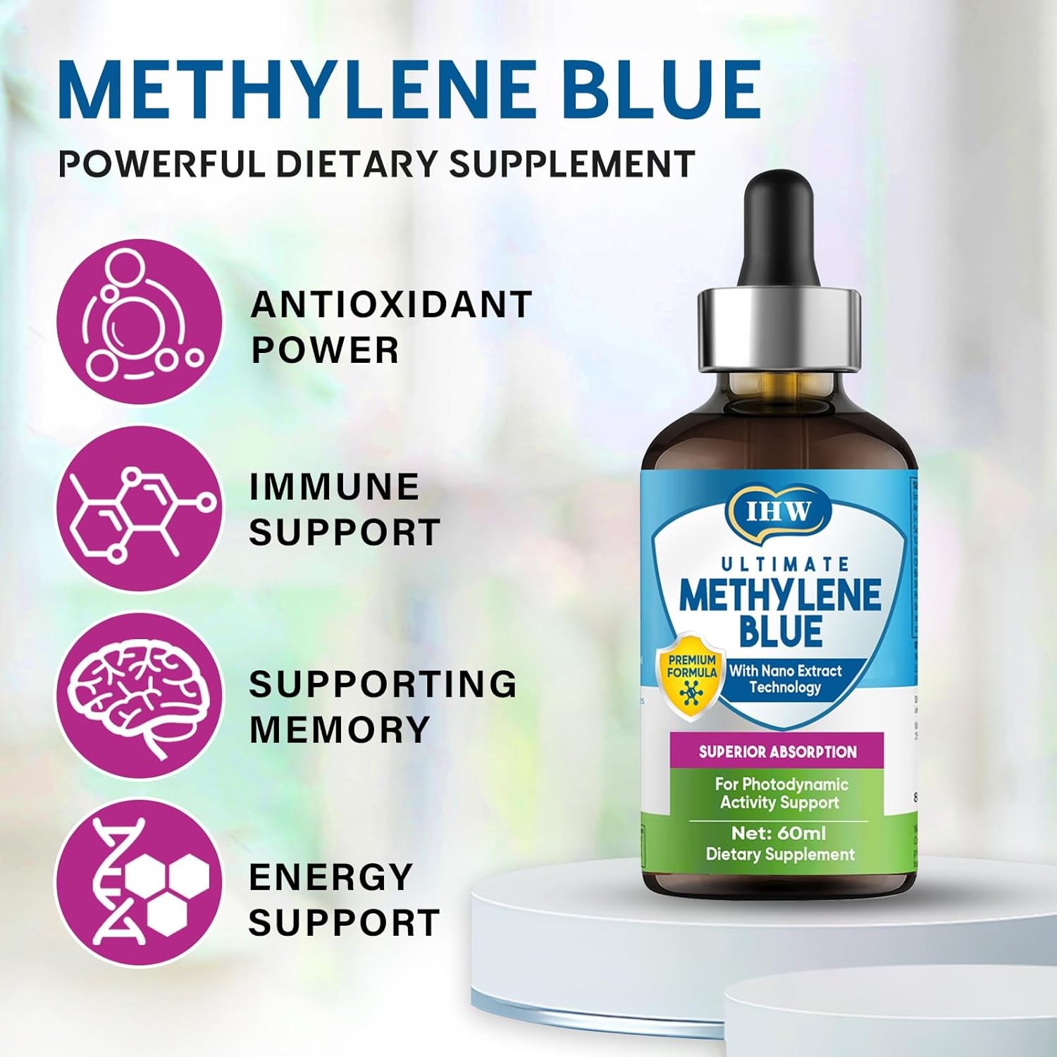 Methylene Blue Liquid Drops for Brain Health, High Absorption Supplement, USP Grade, No Formaldehyde