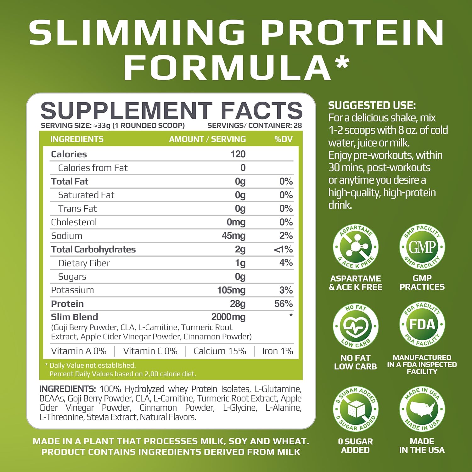 MFL Slim Whey Protein Powder with 28g Protein, Low Carbs, and Stevia Sweetener - 2 lbs Chocolate Berries
