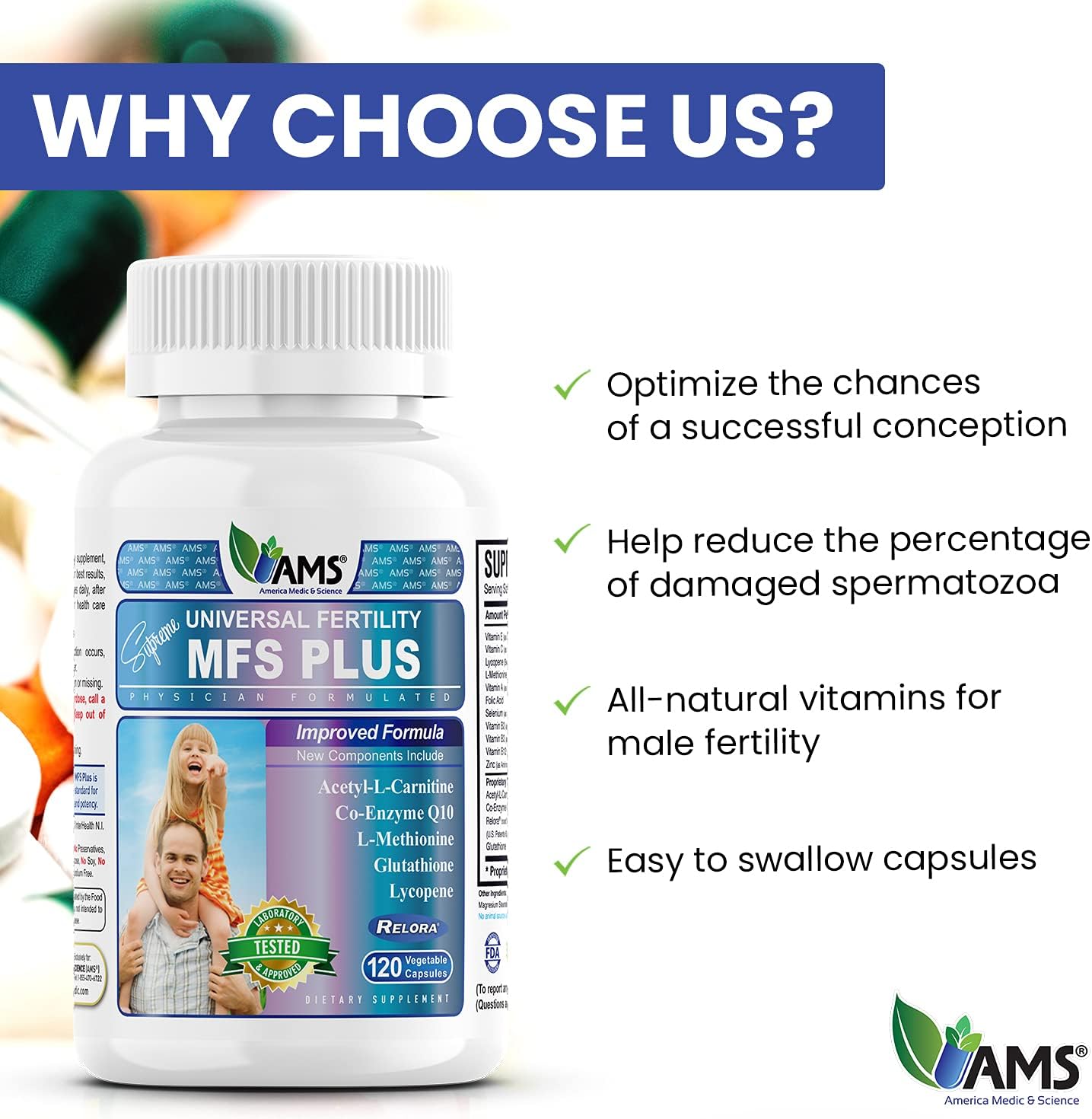MFS Plus Fertility Supplements for Men - 120 Capsules, Boost Sperm Count and Motility, Natural Preconception Vitamins with Zinc and CoQ10