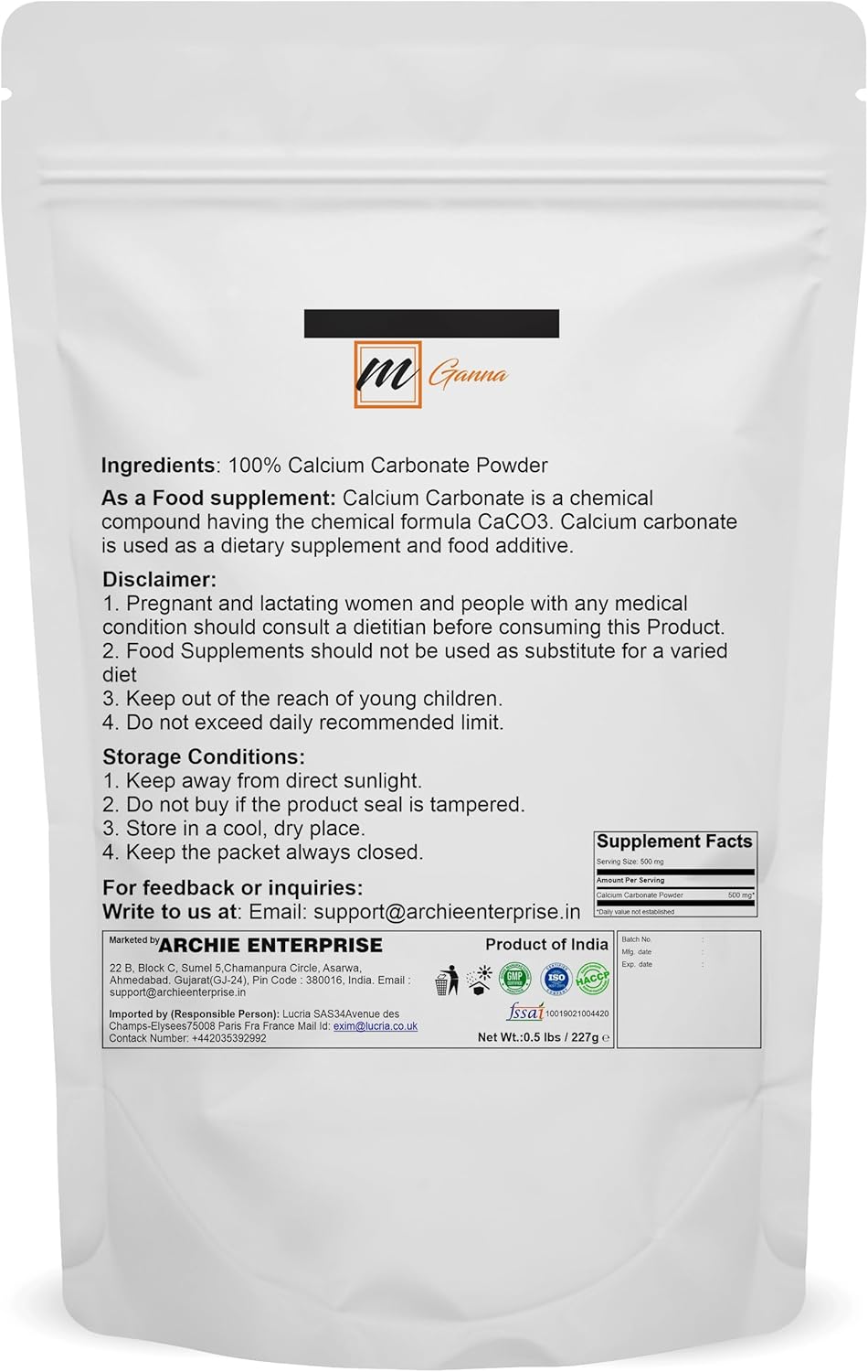mGanna Pure Calcium Carbonate Dietary Supplement 227g - 100% Natural Source of Calcium
