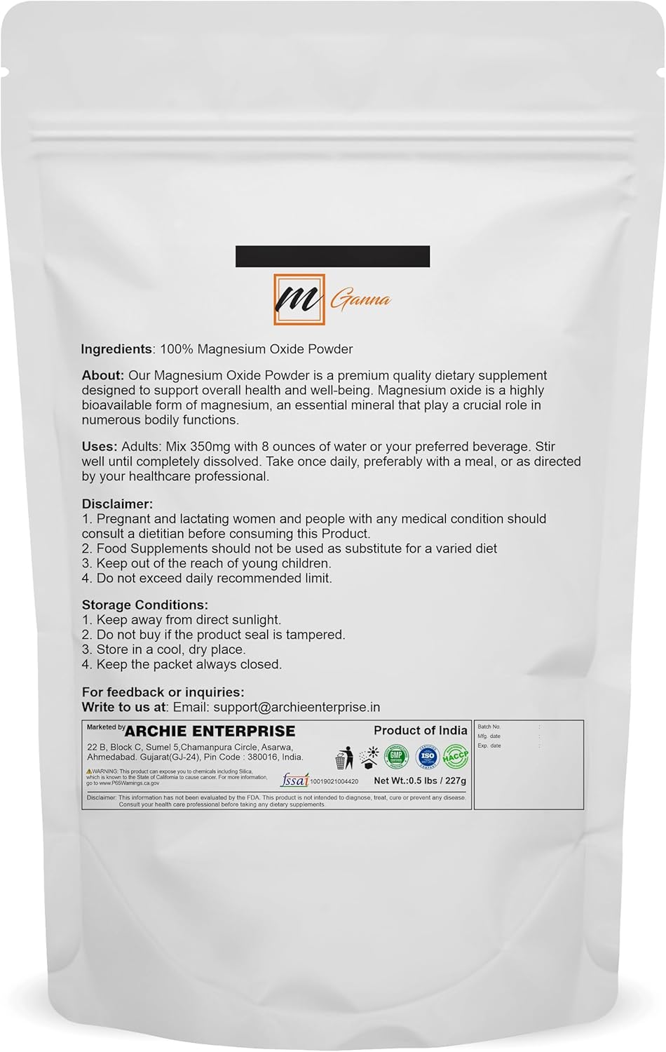 mGanna Pure Magnesium Oxide Powder 0.5 lbs - Promotes Health and Beauty