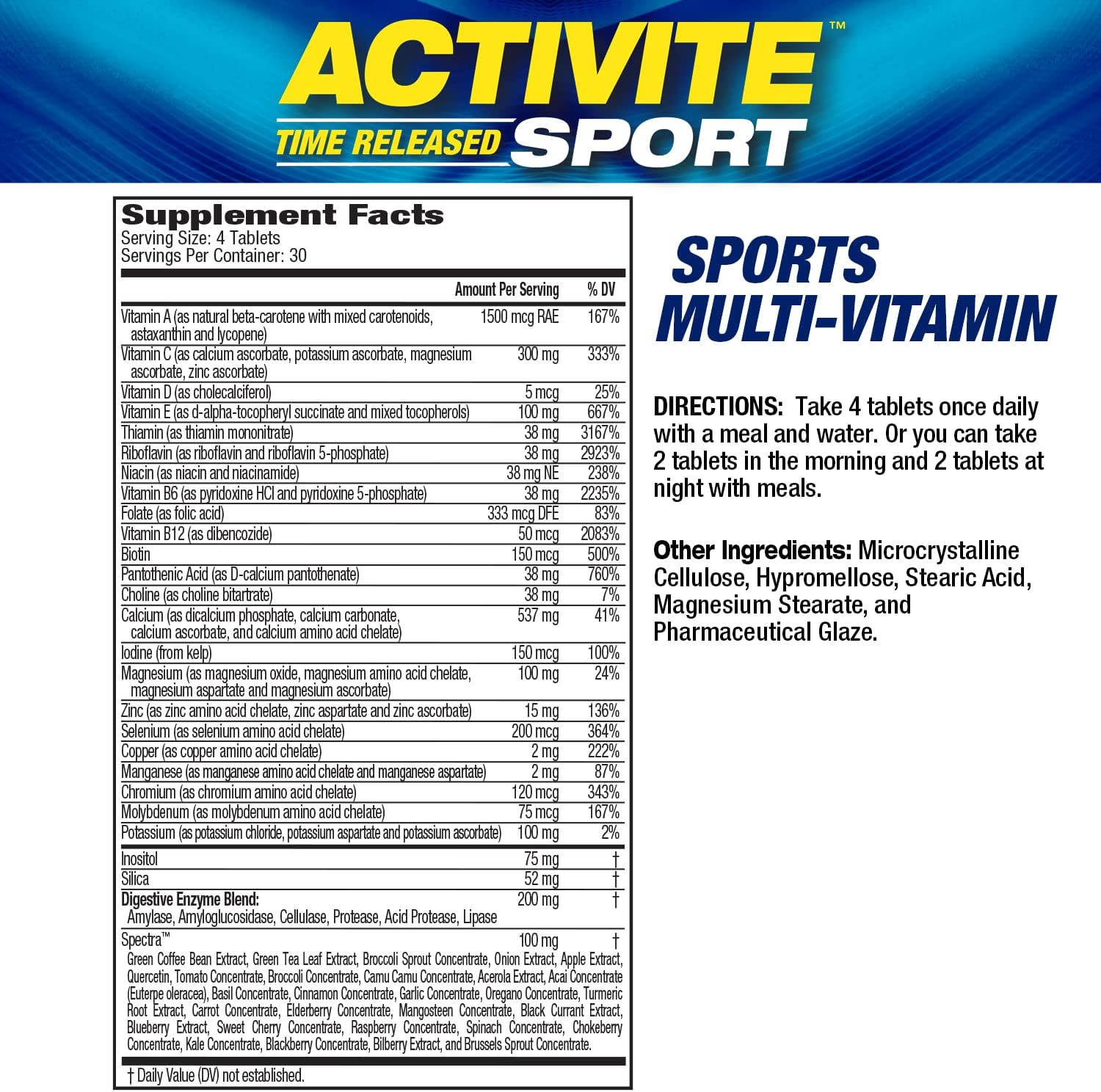 MHP Activite Sport Multi Vitamin with 25 Vitamins and Minerals, Nitric Oxide Booster, Antioxidants - 120 Tablets