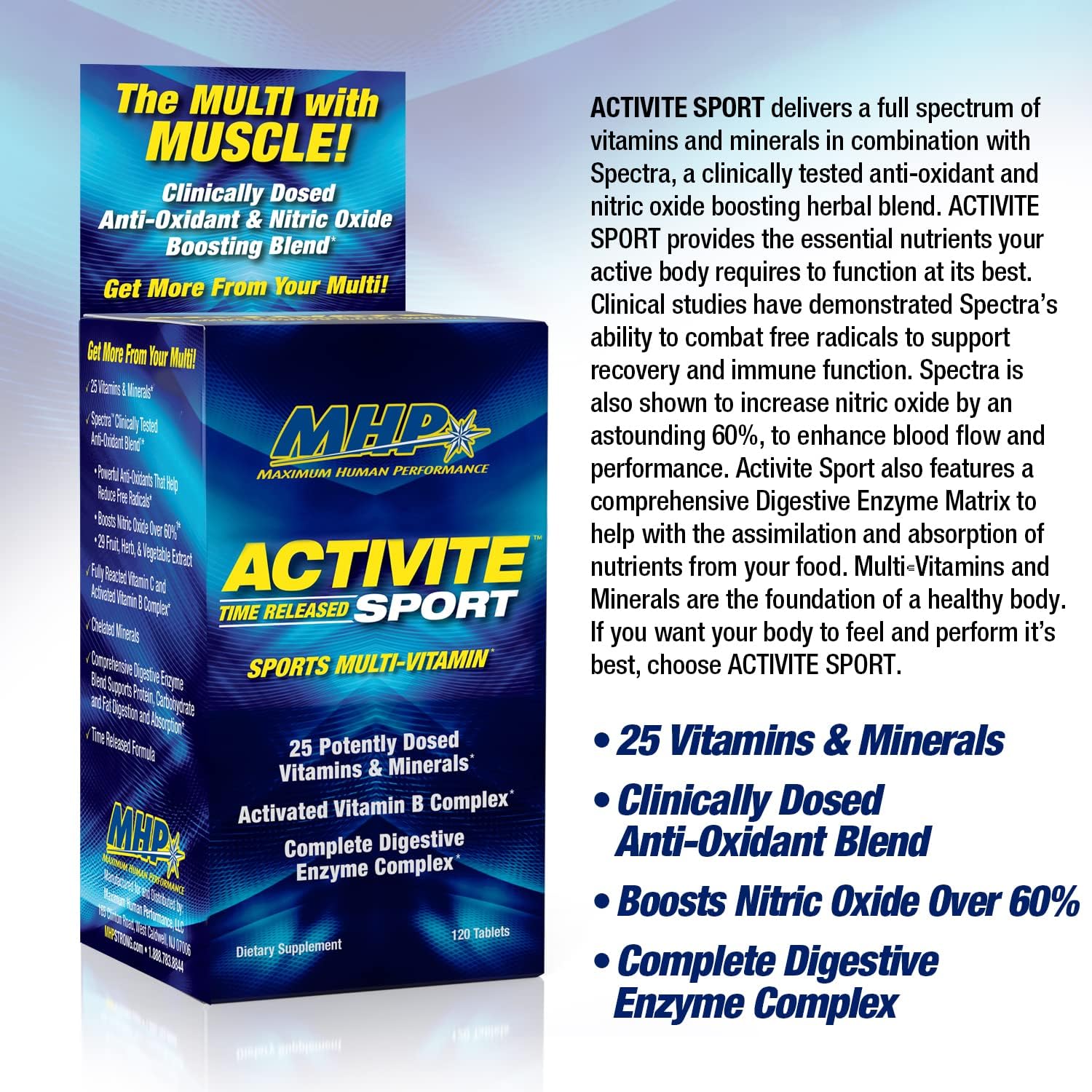 MHP Activite Sport Multi Vitamin with 25 Vitamins and Minerals, Nitric Oxide Booster, Antioxidants - 120 Tablets
