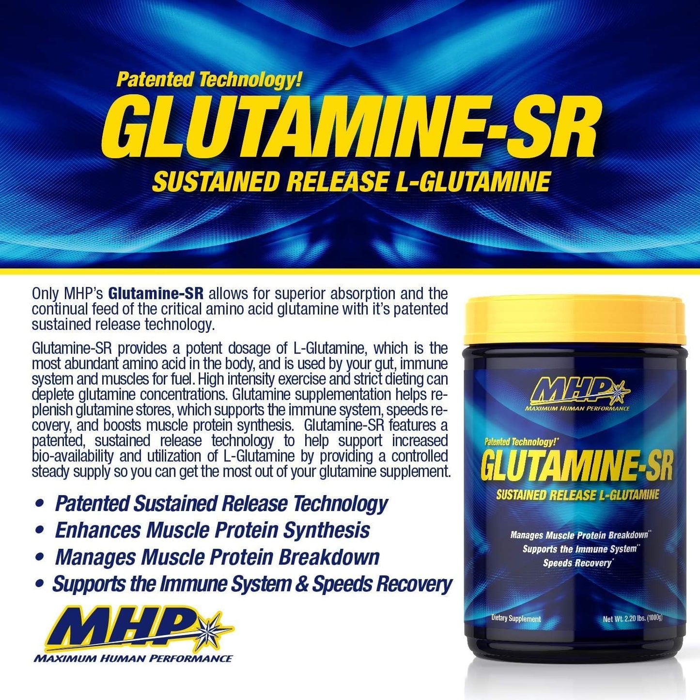 MHP Glutamine SR Powder - Immune Health, Muscle Recovery, Support Muscle Mass - 160 Servings, 2.2 lb