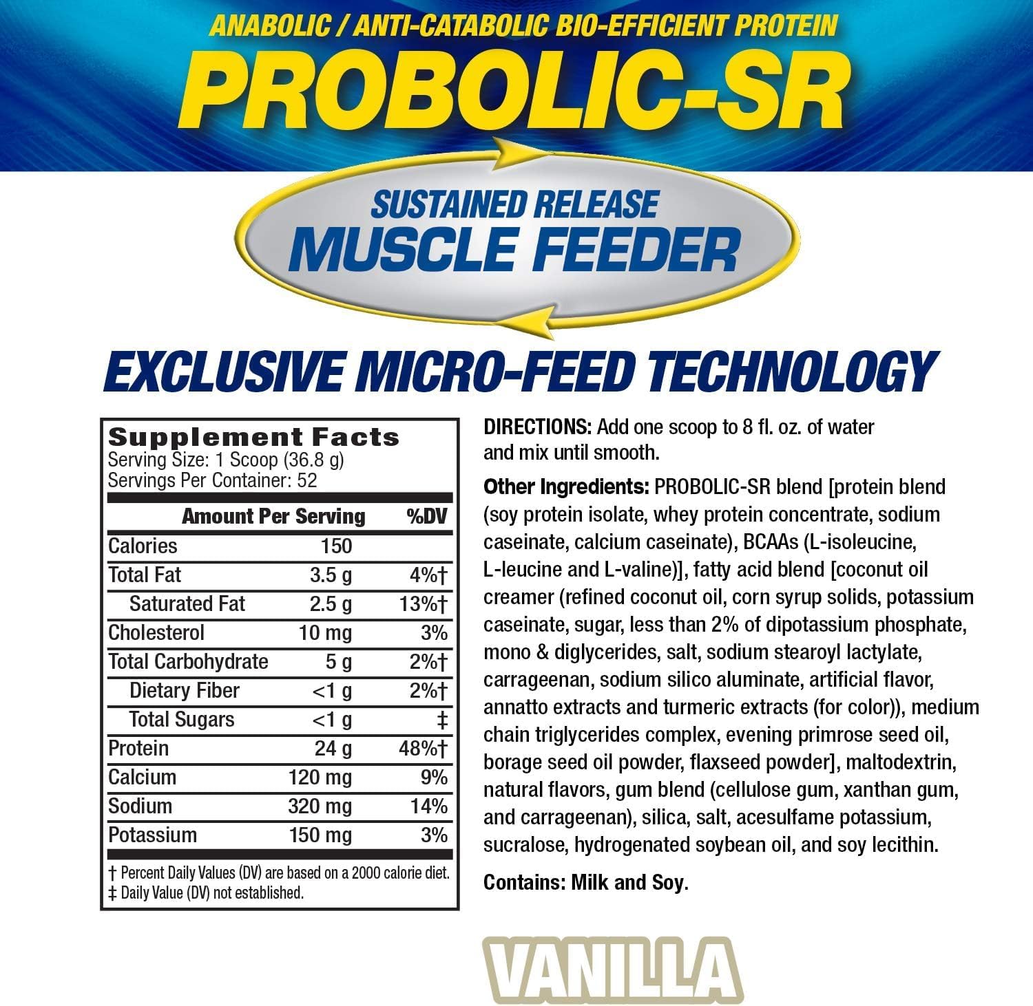 MHP Probolic-SR Sustained Release Protein Powder - 24g Protein, BCAAs, Glutamine, Arginine - Pre, Post, Nighttime - 4lbs, 52 Servings - Vanilla Flavor