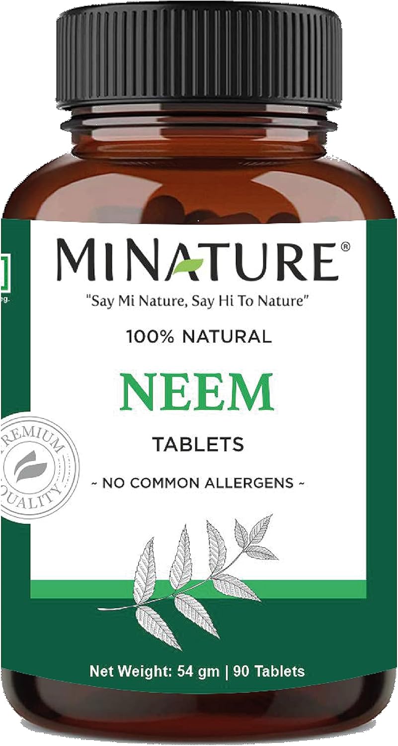 mi Nature Mini Neem Tablets - 90 Tablets, 1000mg - 45 Days Supply for Clear, Acne-Free Skin - Vegan Formula