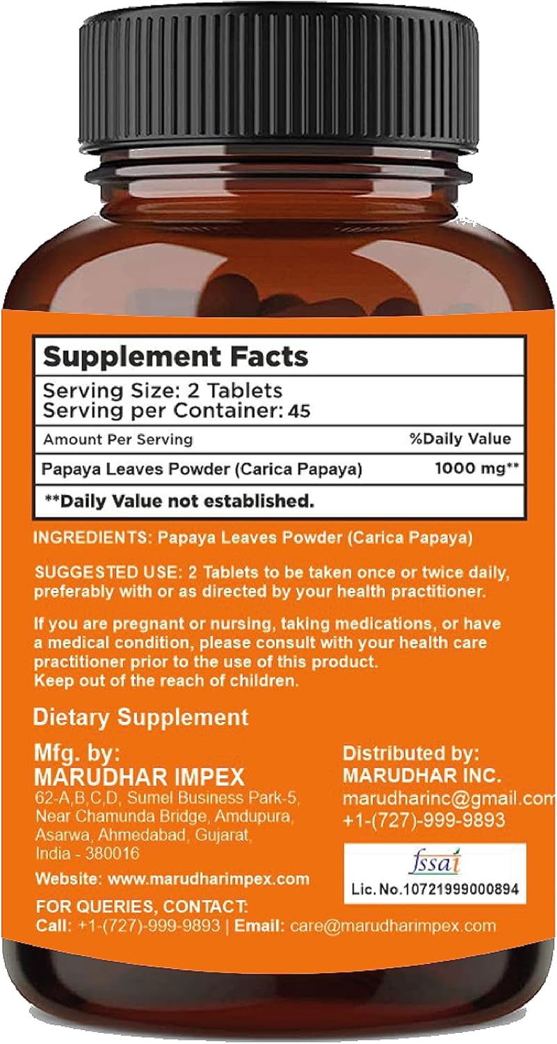 mi Nature Papaya Leaf Tablets - 90 Tablets, 1000 mg, Vegan - 45 Day Supply