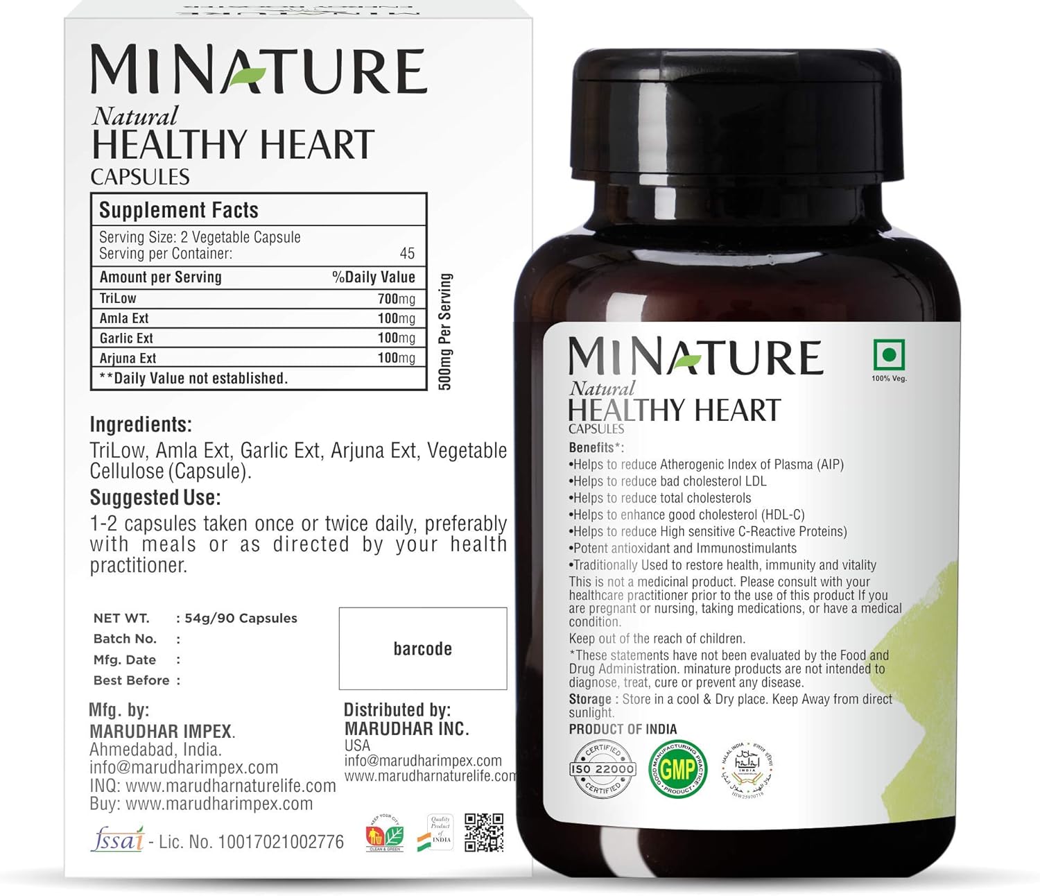 mi Nature TRI-Low Enriched Healthy Heart Capsules | 90 Veg Capsules | 45 Day Supply | 1000mg | Amla, Garlic, Arjuna Extracts | Indian Herb Blend