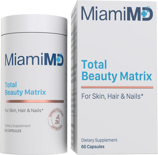 MiamiMD Total Beauty Matrix Collagen Supplements with Vitamin C - 60 Capsules for Hair, Skin, and Nails - Cruelty-Free Formula for Women