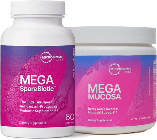 Microbiome Labs MegaSporeBiotic & MegaMucosa Bundle - Probiotic & Gut Support with Spore-Based Formula & Amino Acids Powder