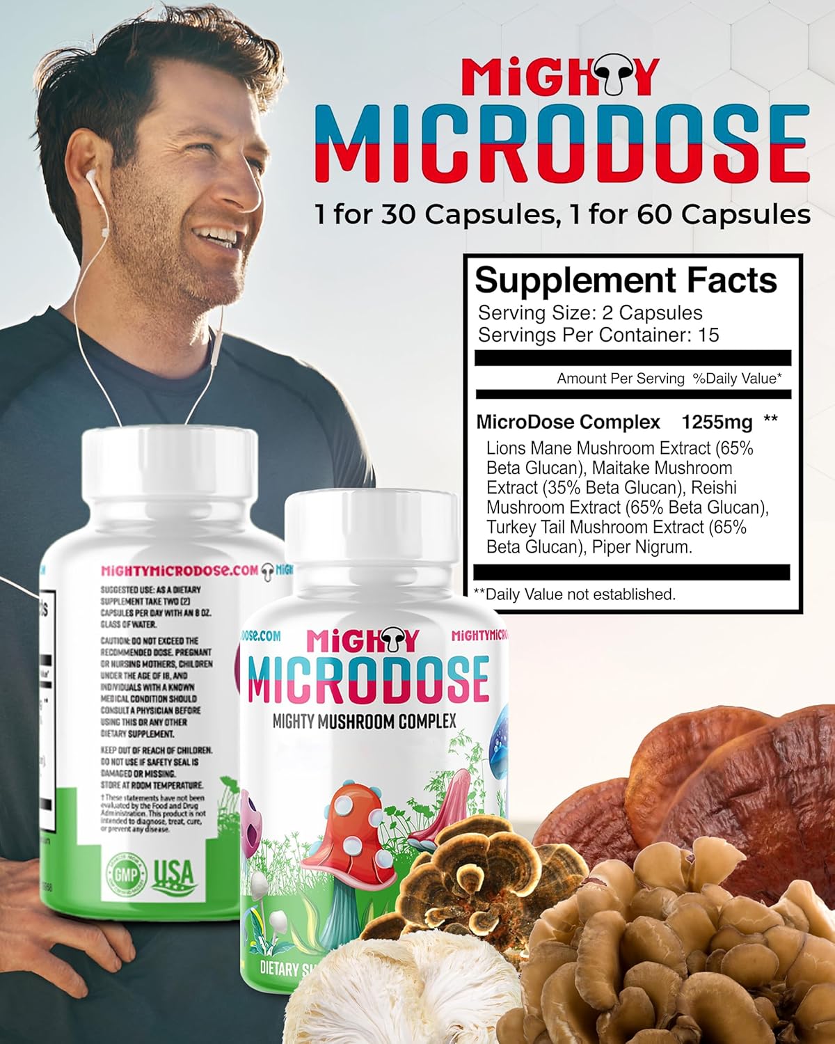 Microdose Mushroom Nootropic Blend with Lion's Mane, Turkey Tail, Reishi, Maitake Extracts - Cognitive Supplement for Men & Women - 60 Capsules, High Beta Glucan