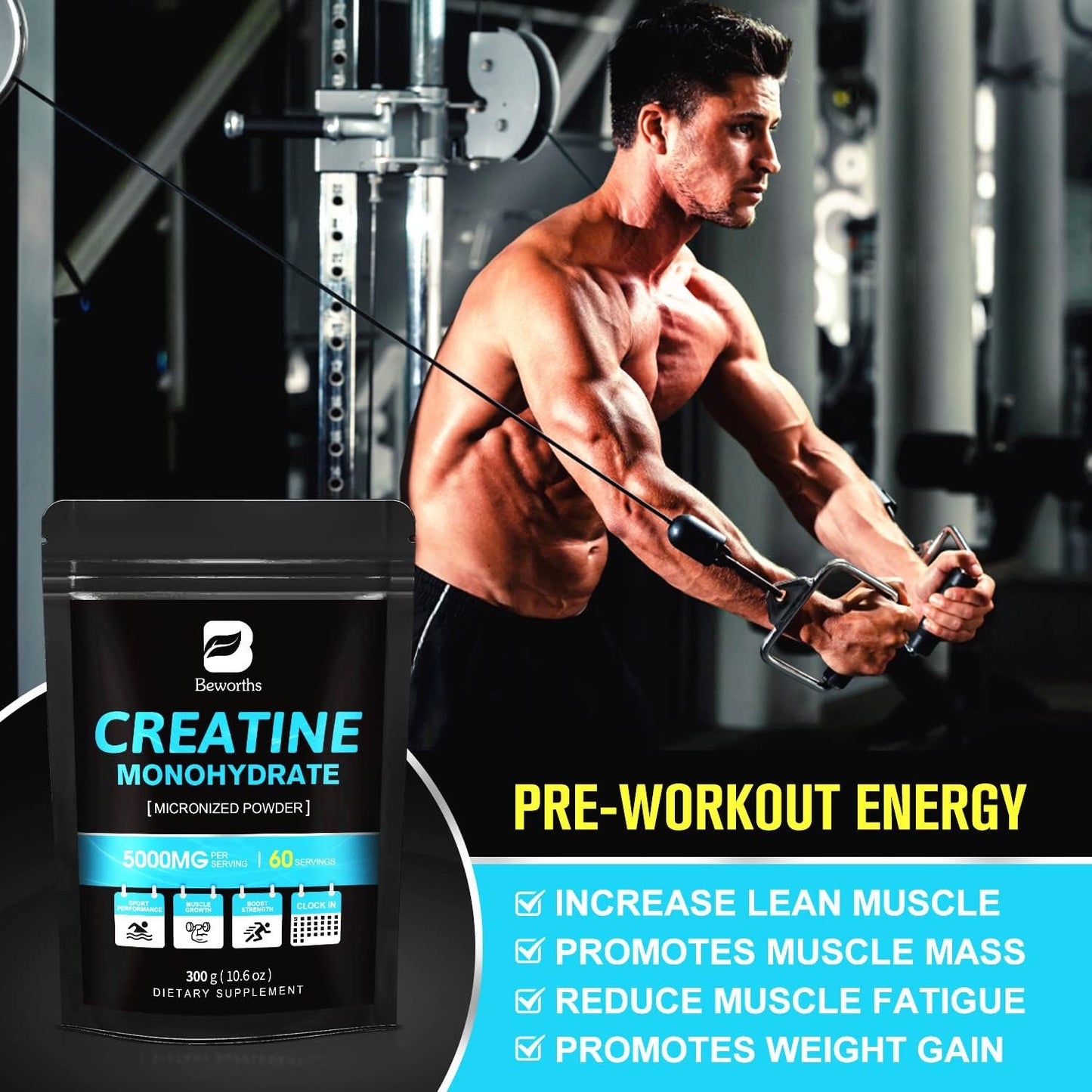 Micronized Creatine Monohydrate Powder for Muscle Growth & Strength - 300g Vegan Supplement for Women, Pre Workout Performance - 60 Servings