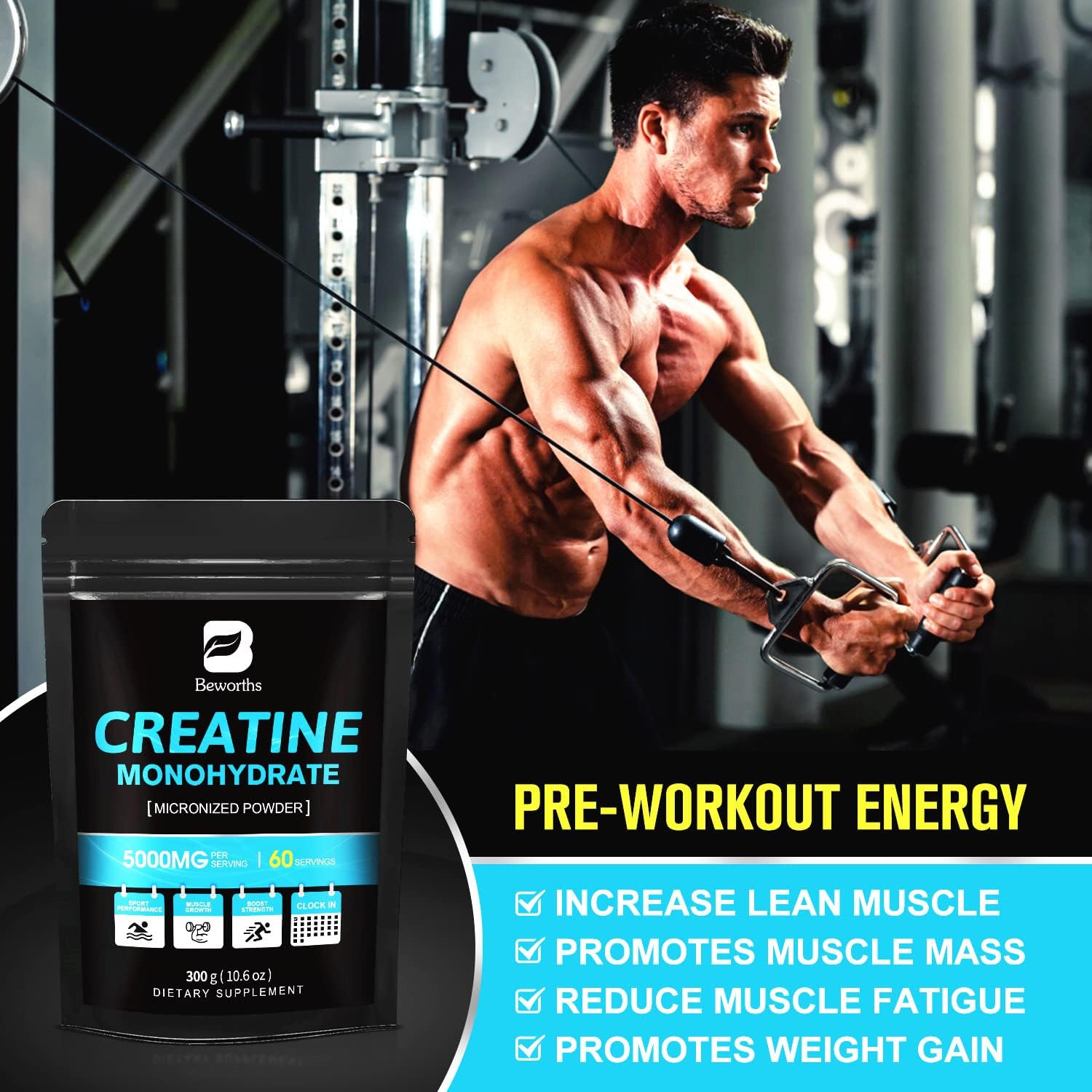 Micronized Creatine Monohydrate Powder for Muscle Growth & Strength - 300g Vegan Supplement for Women, Pre Workout Performance - 60 Servings