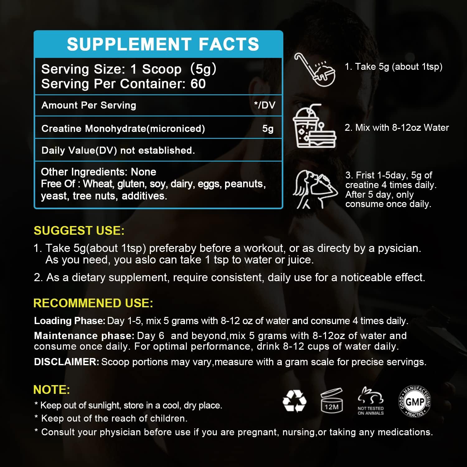 Micronized Creatine Monohydrate Powder for Muscle Growth & Strength - 300g Vegan Supplement for Women, Pre Workout Performance - 60 Servings