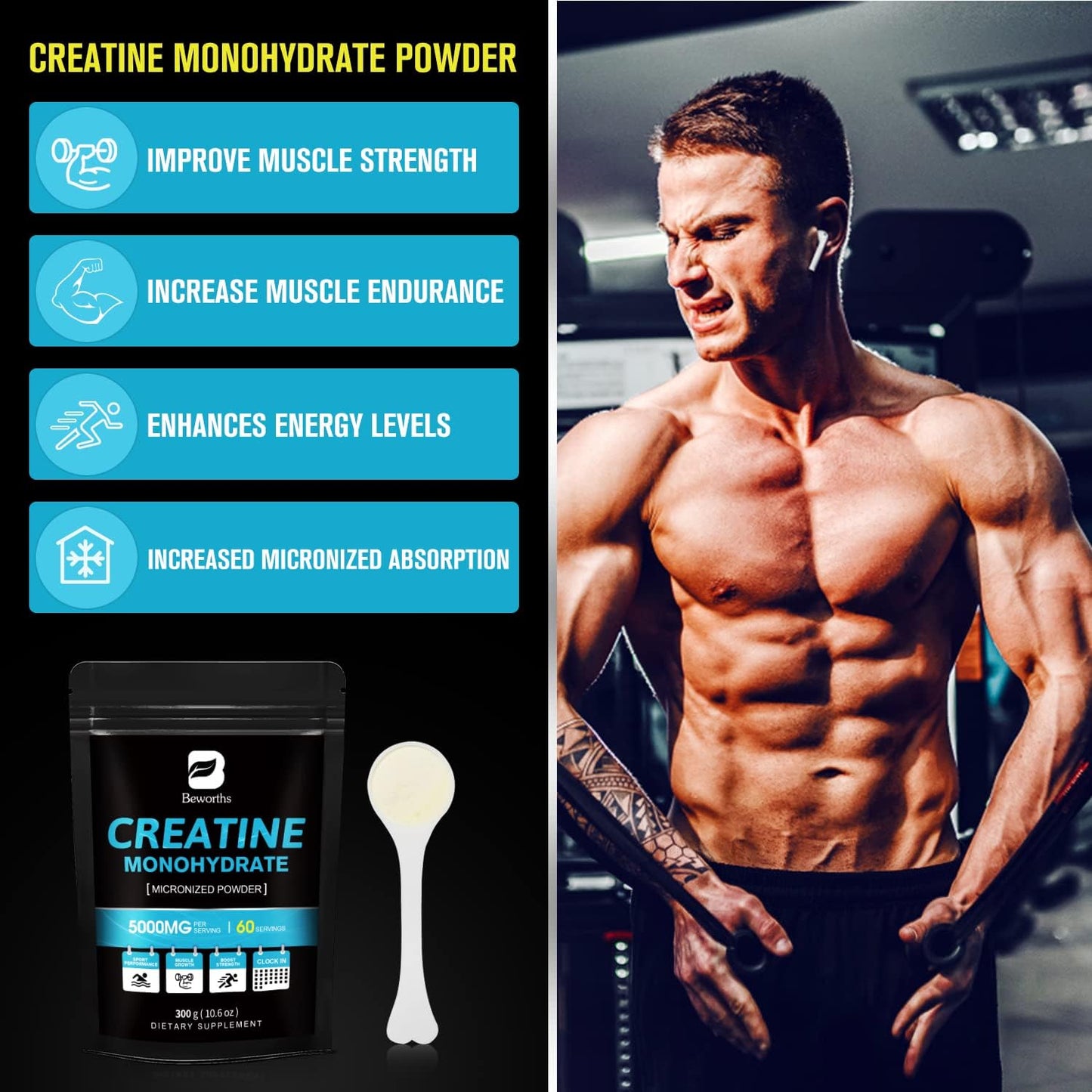 Micronized Creatine Monohydrate Powder for Muscle Growth & Strength - 300g Vegan Supplement for Women, Pre Workout Performance - 60 Servings