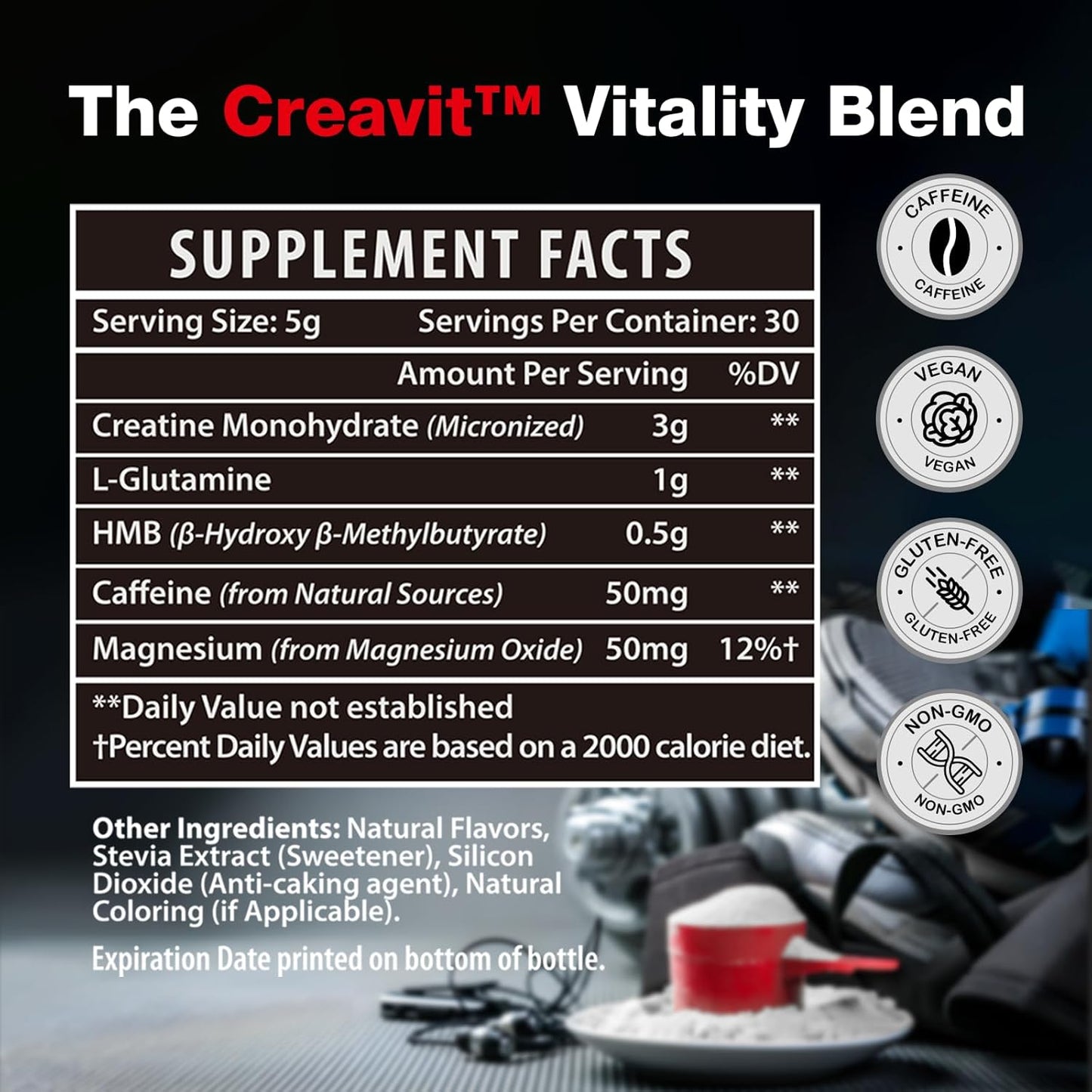 Micronized Creatine Monohydrate Powder with L-Glutamine, HMB, Caffeine & Magnesium | 5g per Serving, 7 Pack