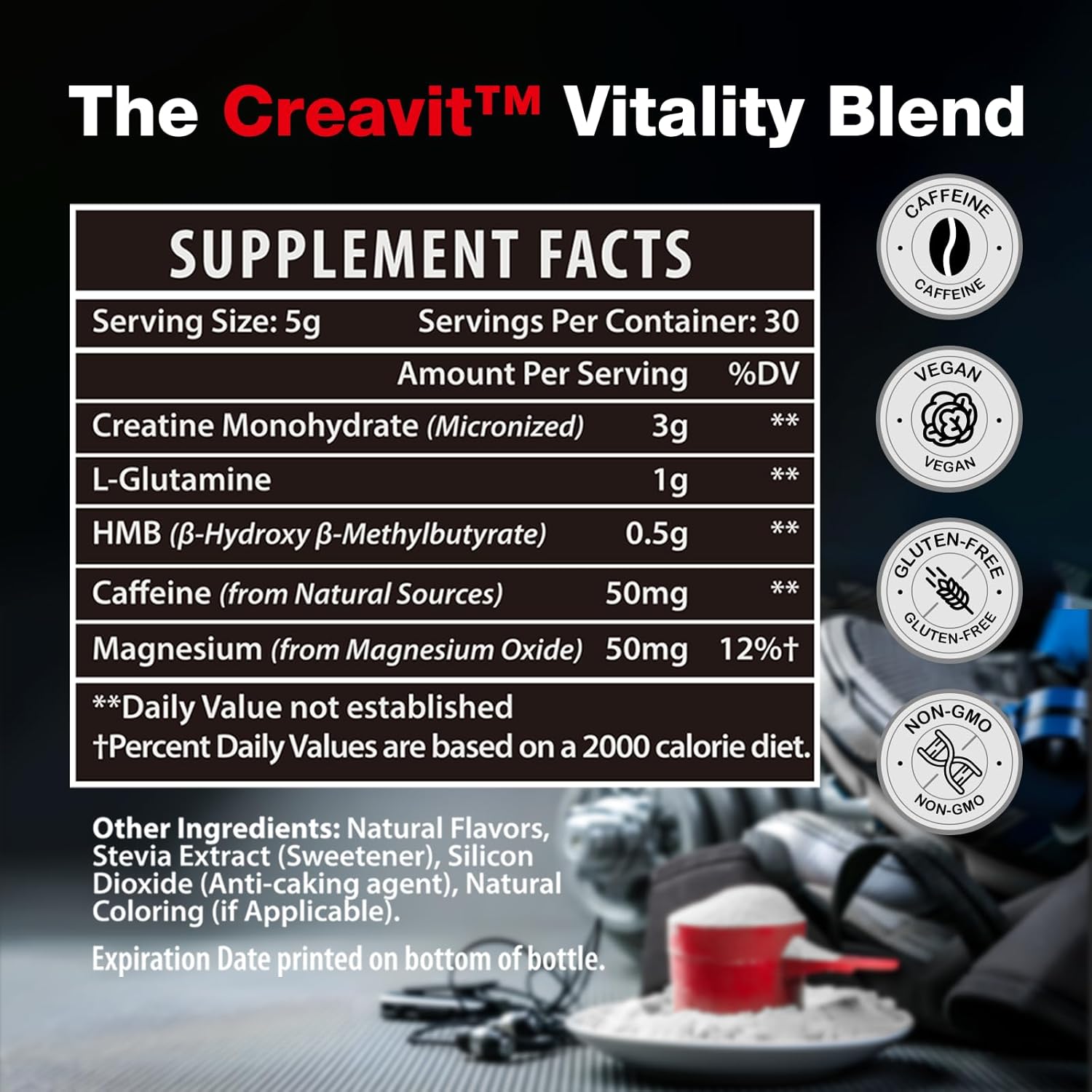 Micronized Creatine Monohydrate Powder with L-Glutamine, HMB, Caffeine & Magnesium | 5g per Serving, 7 Pack