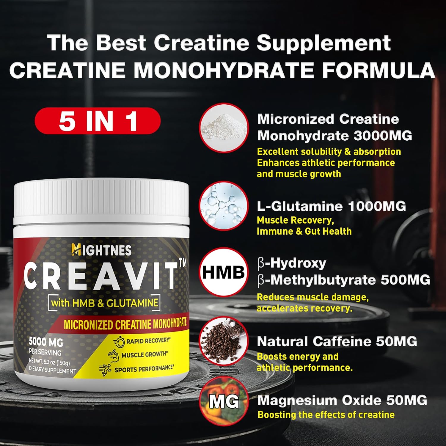 Micronized Creatine Monohydrate Powder with L-Glutamine, HMB, Caffeine & Magnesium | 5g per Serving, 7 Pack