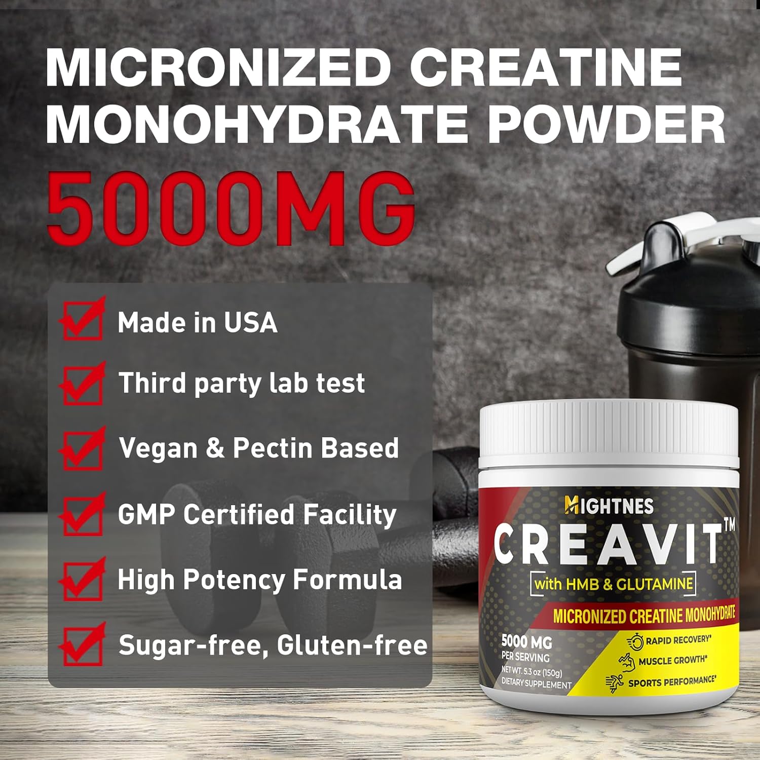Micronized Creatine Monohydrate Powder with L-Glutamine, HMB, Caffeine & Magnesium | 5g per Serving, 7 Pack