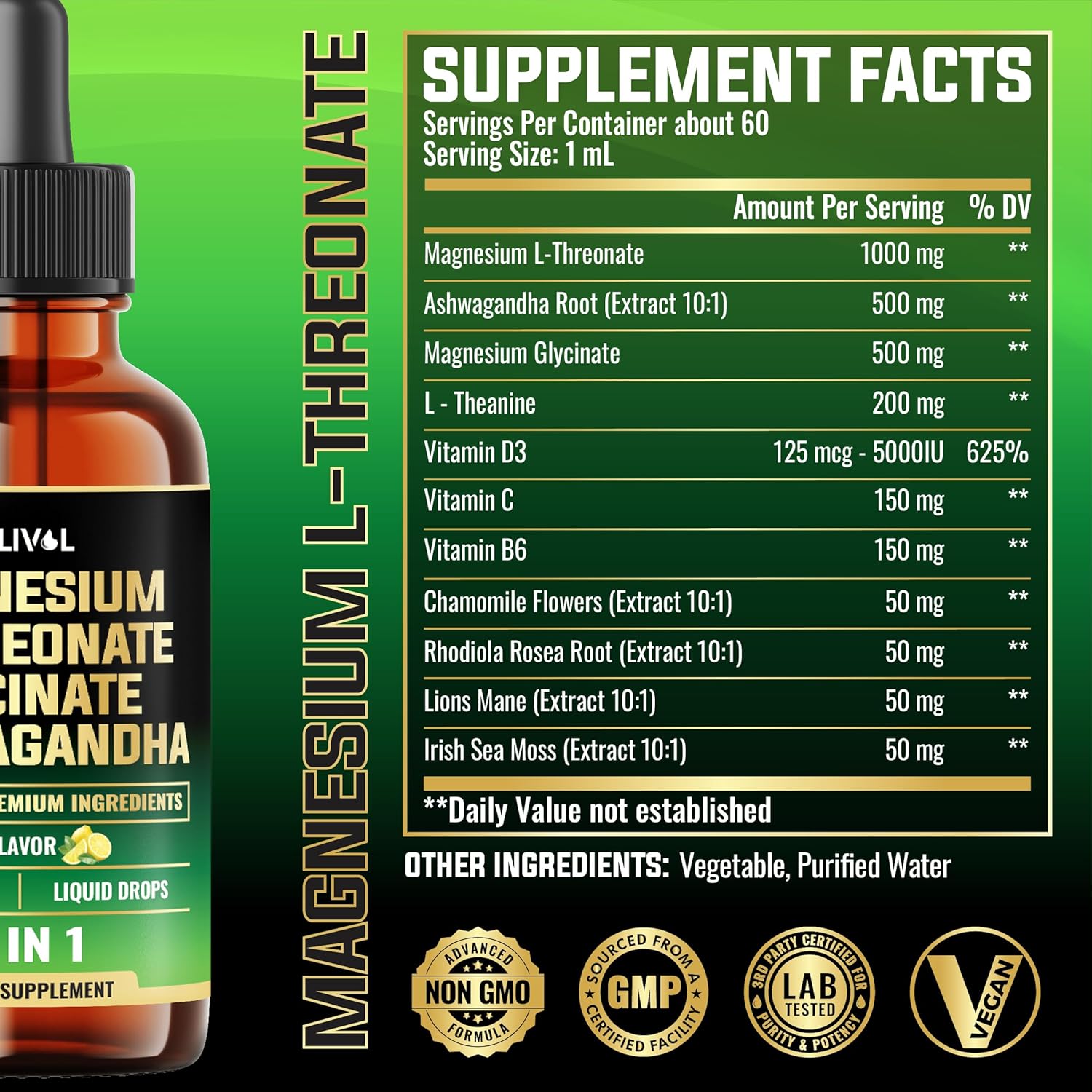 MILIVOL 10-in-1 Magnesium L-Threonate Liquid Drops with Ashwagandha and Essential Vitamins - 2 Fl Oz - Lemon Flavor