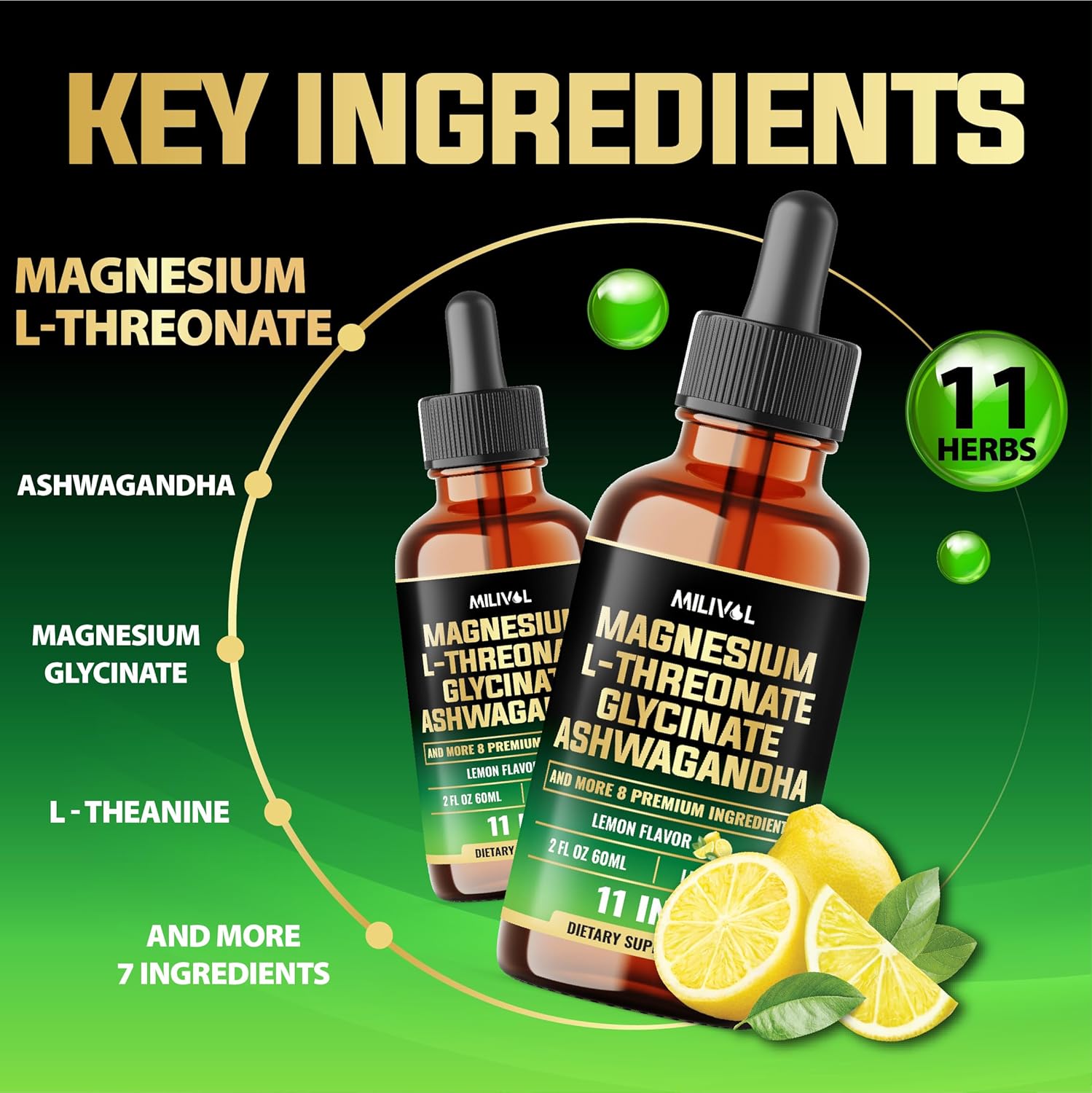 MILIVOL 10-in-1 Magnesium L-Threonate Liquid Drops with Ashwagandha and Essential Vitamins - 2 Fl Oz - Lemon Flavor