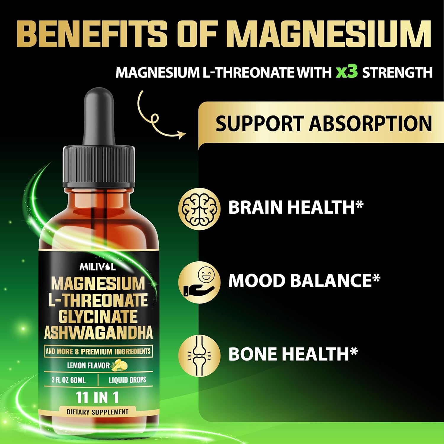 MILIVOL 10-in-1 Magnesium L-Threonate Liquid Drops with Ashwagandha and Essential Vitamins - 2 Fl Oz - Lemon Flavor