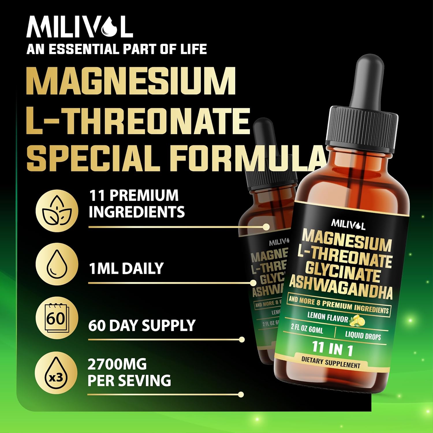 MILIVOL 10-in-1 Magnesium L-Threonate Liquid Drops with Ashwagandha and Essential Vitamins - 2 Fl Oz - Lemon Flavor