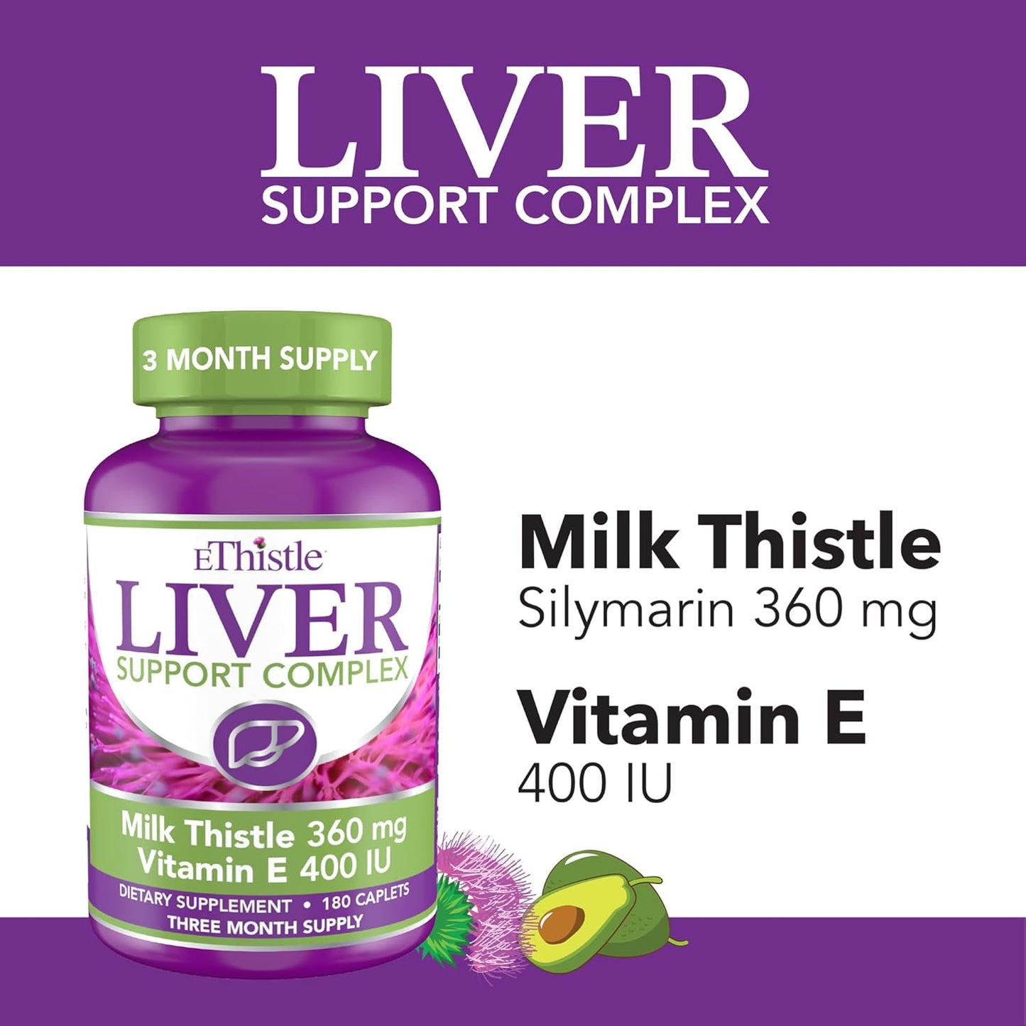 Milk Thistle & Vitamin E Liver Health Supplement, 180 Caplets for Liver Wellness