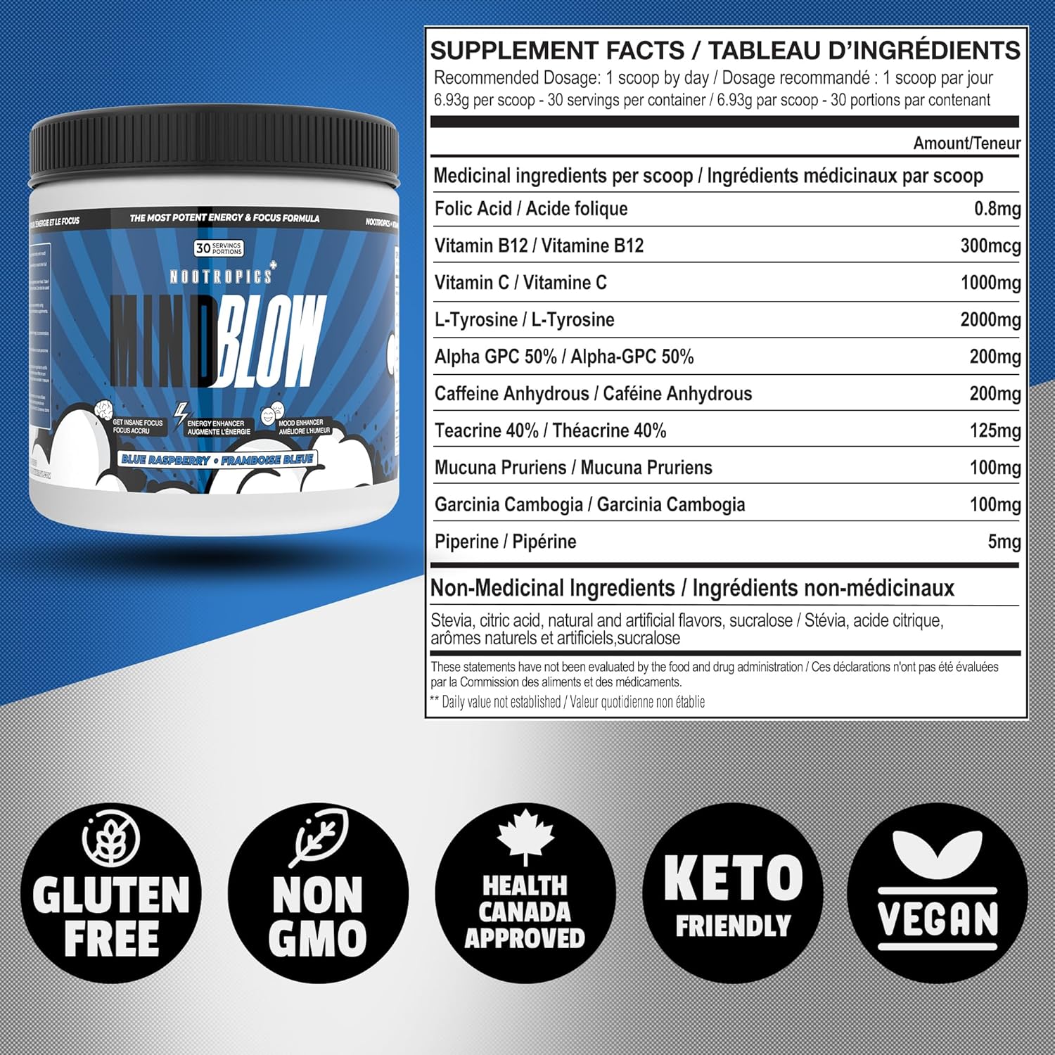 Mind Blow Energy Drink - Nootropic Cocktail for Energy, Focus, and Happiness - Ideal for Students, Entrepreneurs, Hard Workers, and Gamers - 30 Servings