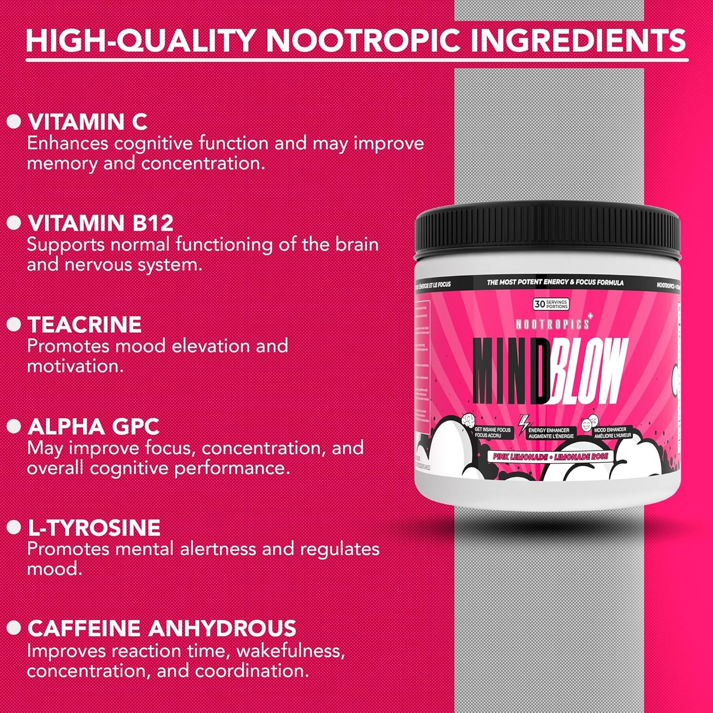 Mind Blow Energy Drink - Nootropic Cocktail for Energy, Focus, and Happiness - Ideal for Students, Entrepreneurs, Hard Workers, and Gamers - 30 Servings