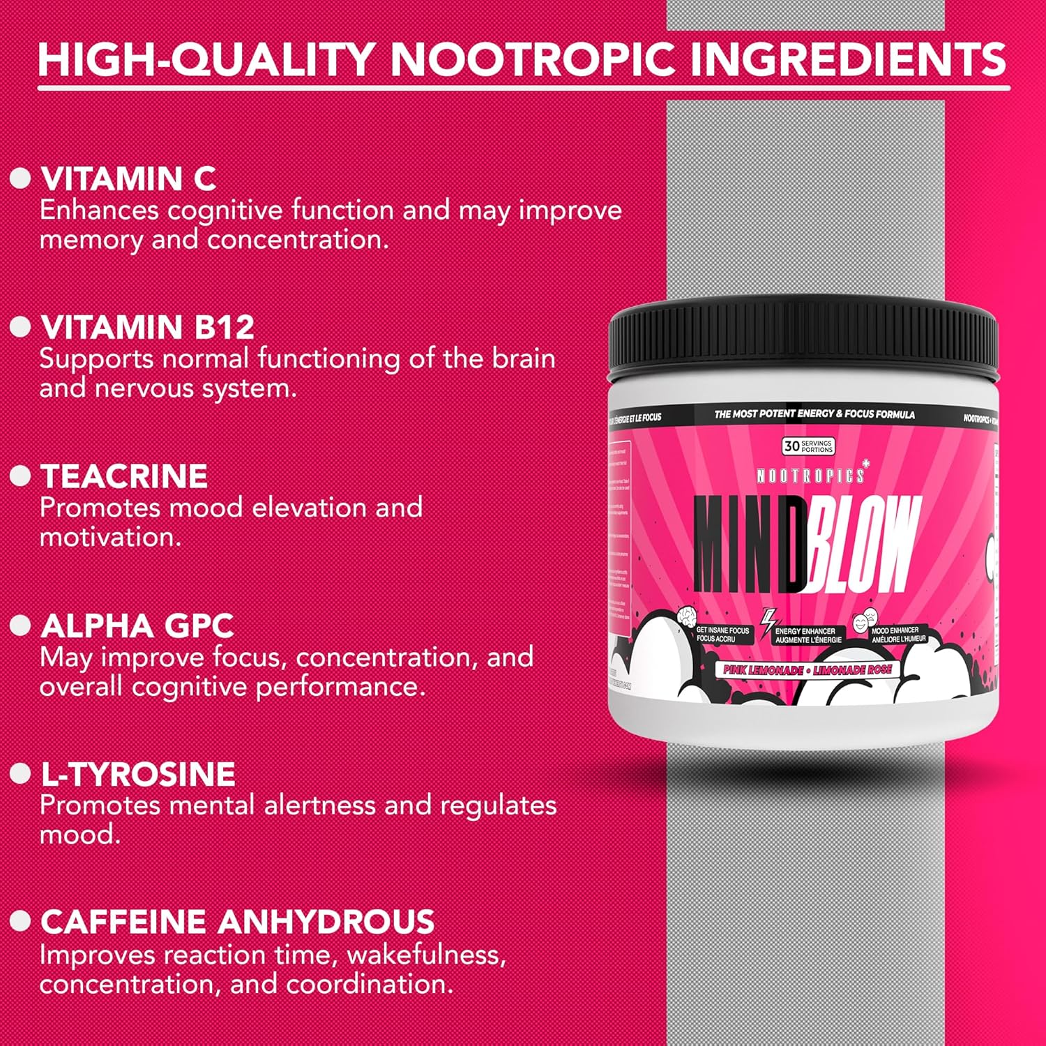 Mind Blow Energy Drink - Nootropic Cocktail for Energy, Focus, and Happiness - Ideal for Students, Entrepreneurs, Hard Workers, and Gamers - 30 Servings