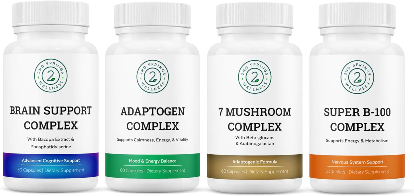 Mind & Body Wellness Bundle - Cognitive Support with 7 Mushrooms & Brain Health, Energy Boost with Super B-100 & Adaptogen Complex