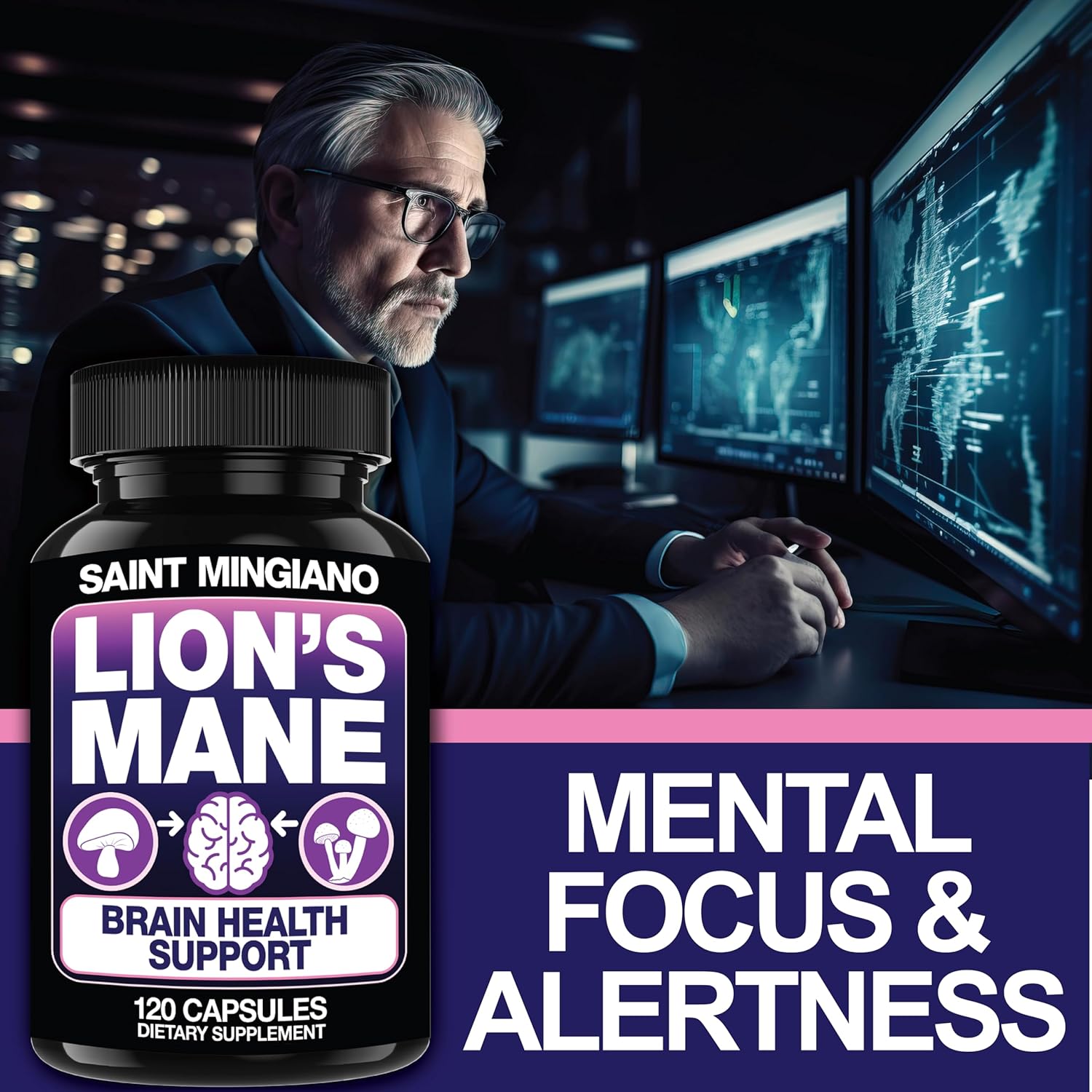 Mingiano Lion's Mane Mushroom Supplement - 120 Capsules for Cognitive Clarity and Focus with 4 Mushroom Mycelium Blend