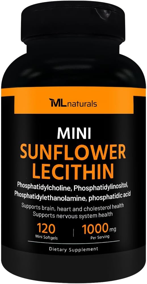Mini Sunflower Lecithin Softgels - 120 Count for Brain Health - Phosphatidylcholine, Phosphatidylinositol, Phosphatidylthanolamine, Phosphatidic Acid - ML Naturals
