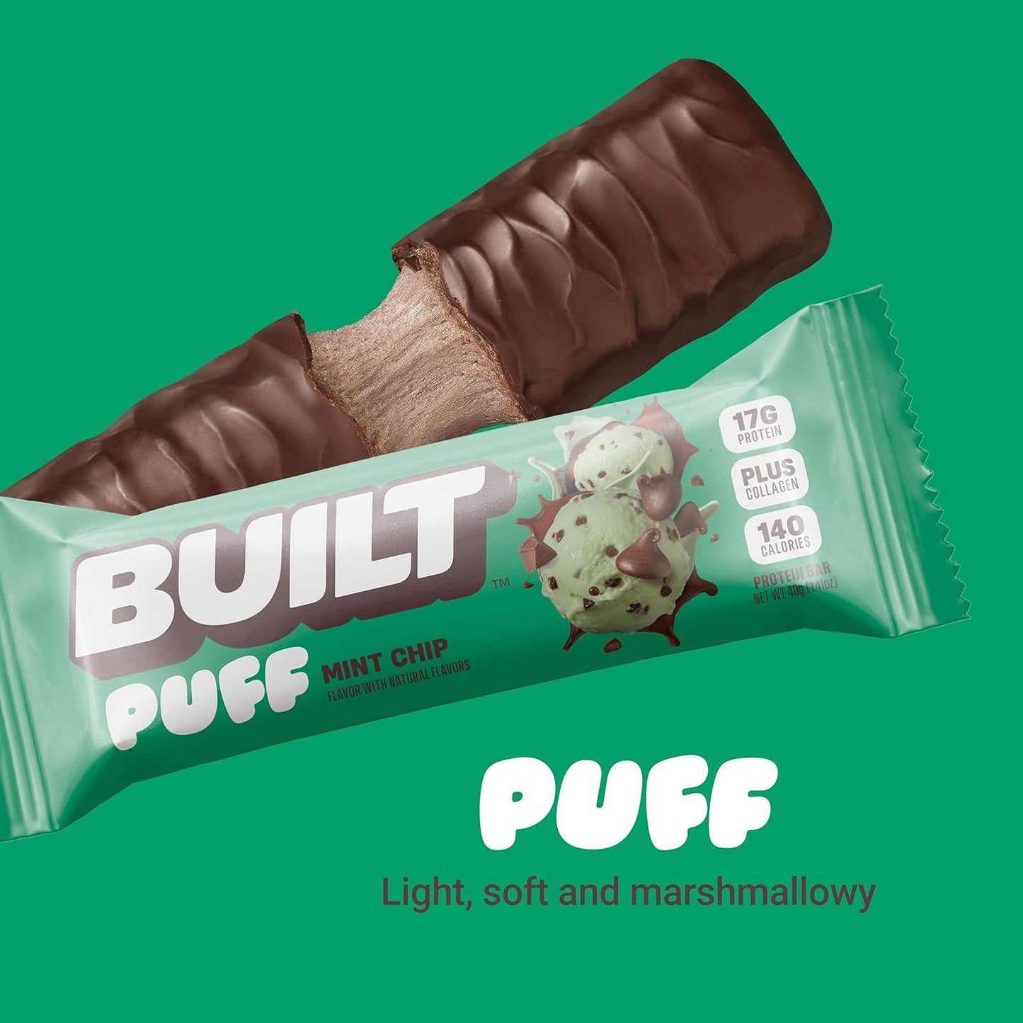 Mint Chip Puff Protein Bars - High Protein Snacks with Collagen, 140 Calories, Gluten Free - 12 Count
