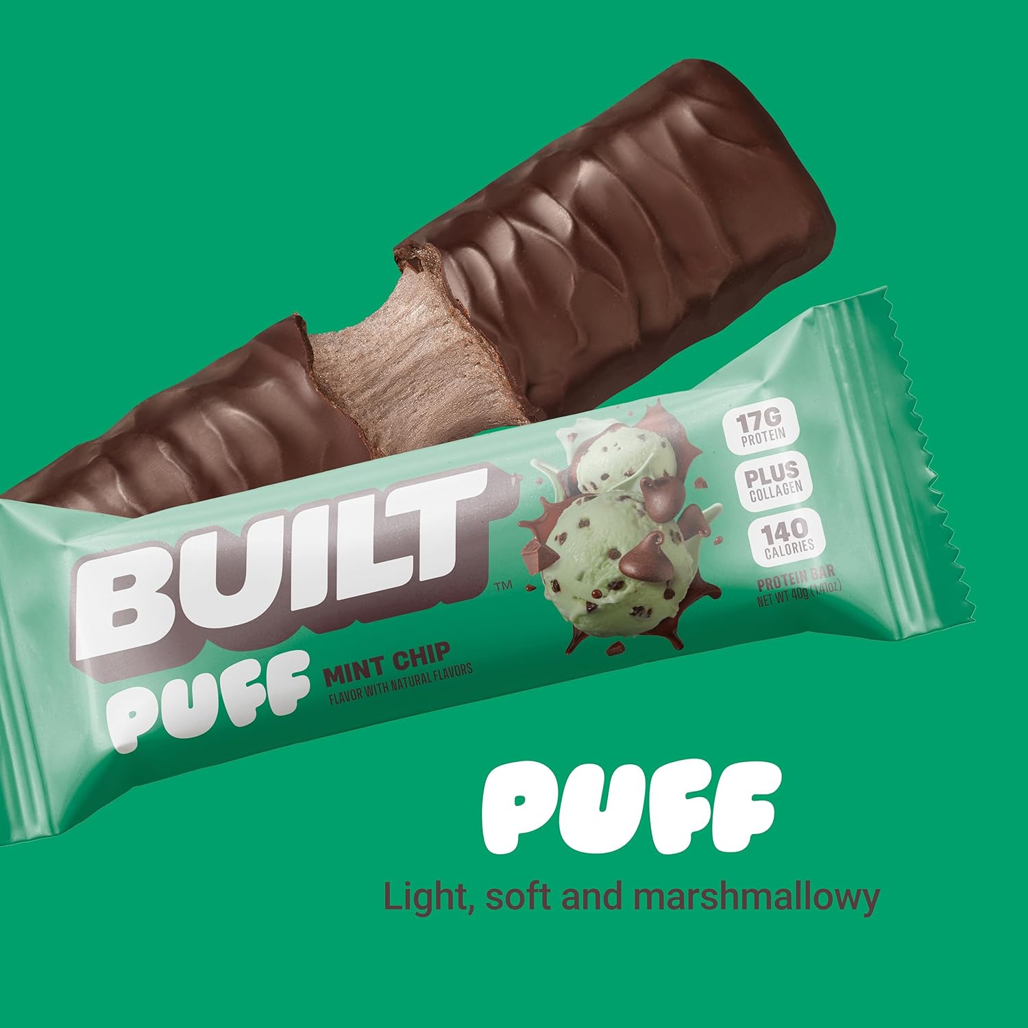 Mint Chip Puff Protein Bars - High Protein Snacks with Collagen, 140 Calories, Gluten Free - 12 Count
