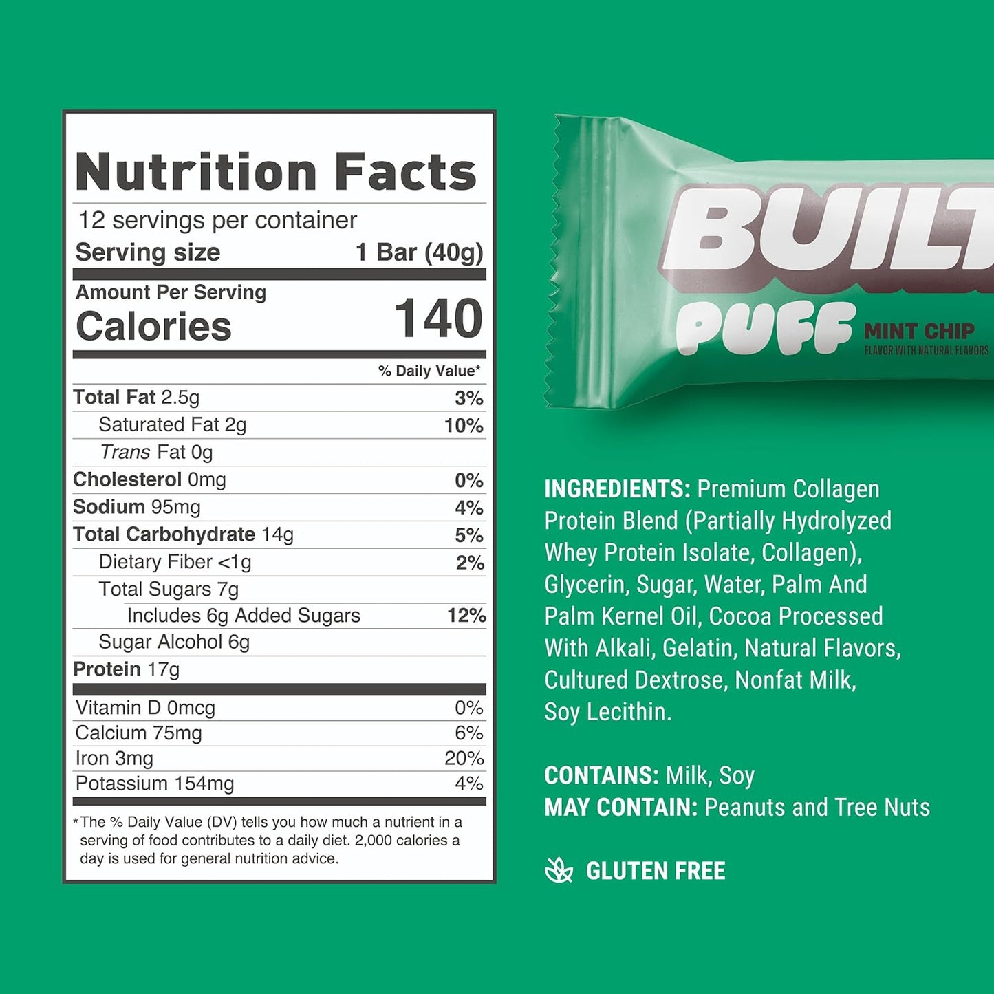 Mint Chip Puff Protein Bars - High Protein Snacks with Collagen, 140 Calories, Gluten Free - 12 Count