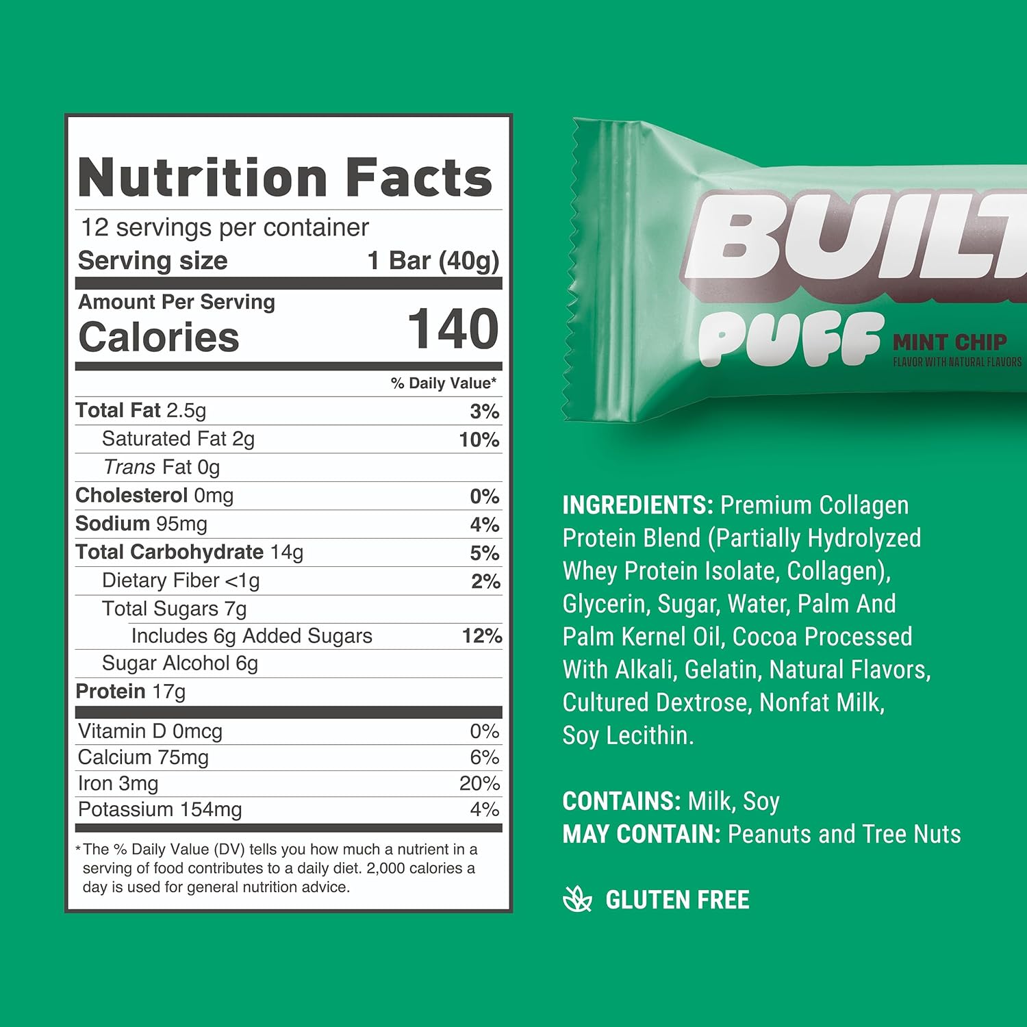 Mint Chip Puff Protein Bars - High Protein Snacks with Collagen, 140 Calories, Gluten Free - 12 Count