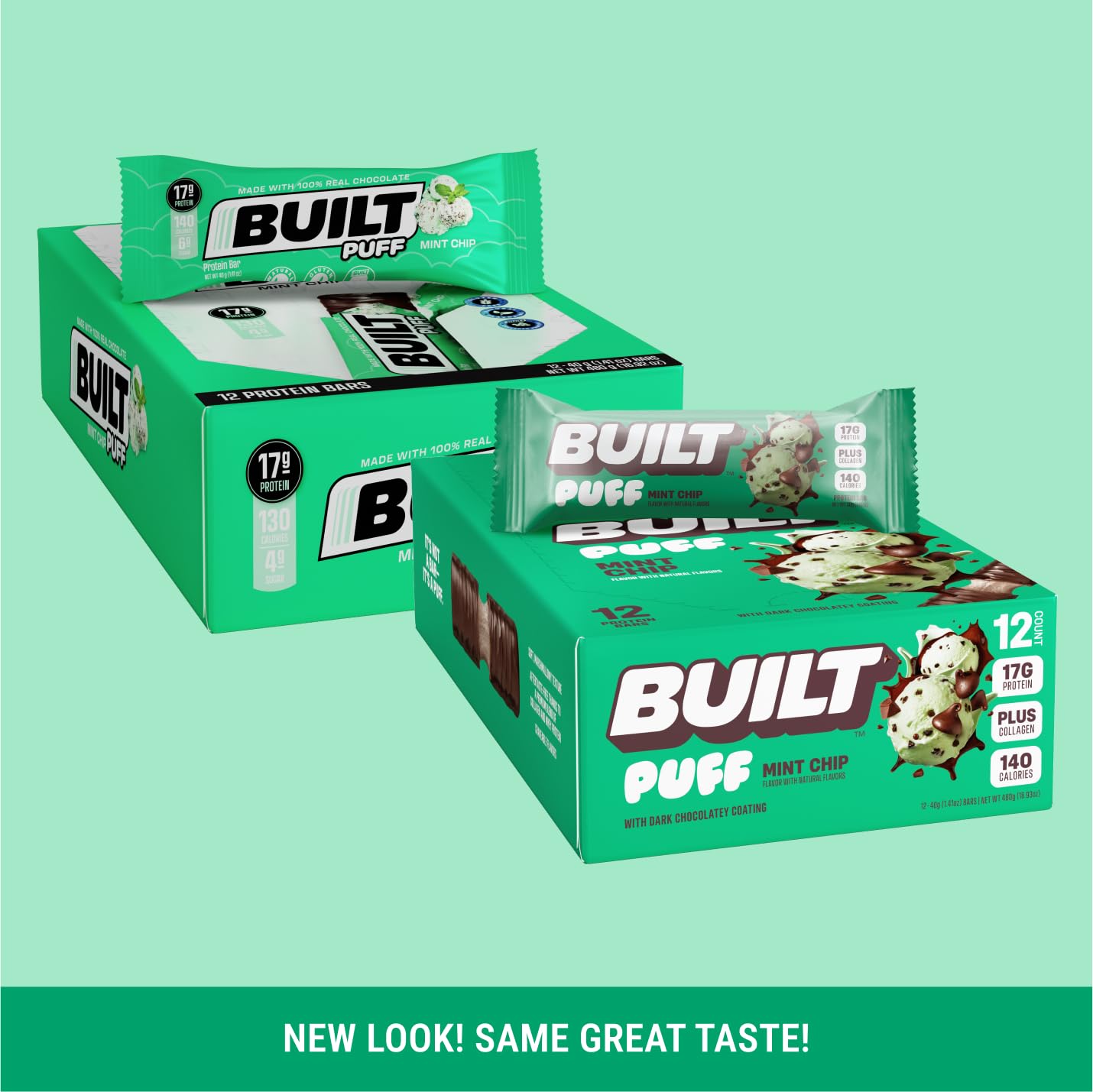 Mint Chip Puff Protein Bars - High Protein Snacks with Collagen, 140 Calories, Gluten Free - 12 Count