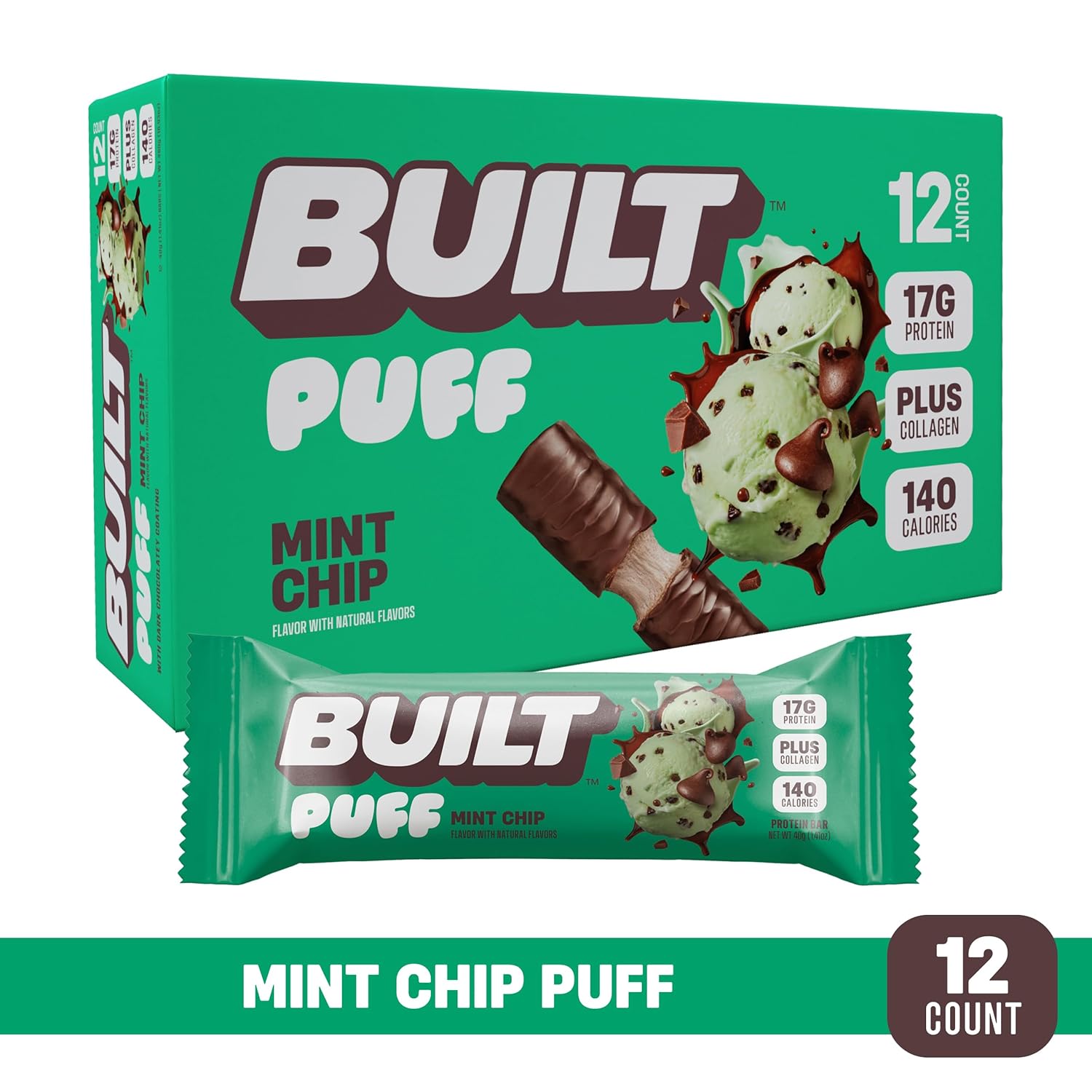 Mint Chip Puff Protein Bars - High Protein Snacks with Collagen, 140 Calories, Gluten Free - 12 Count